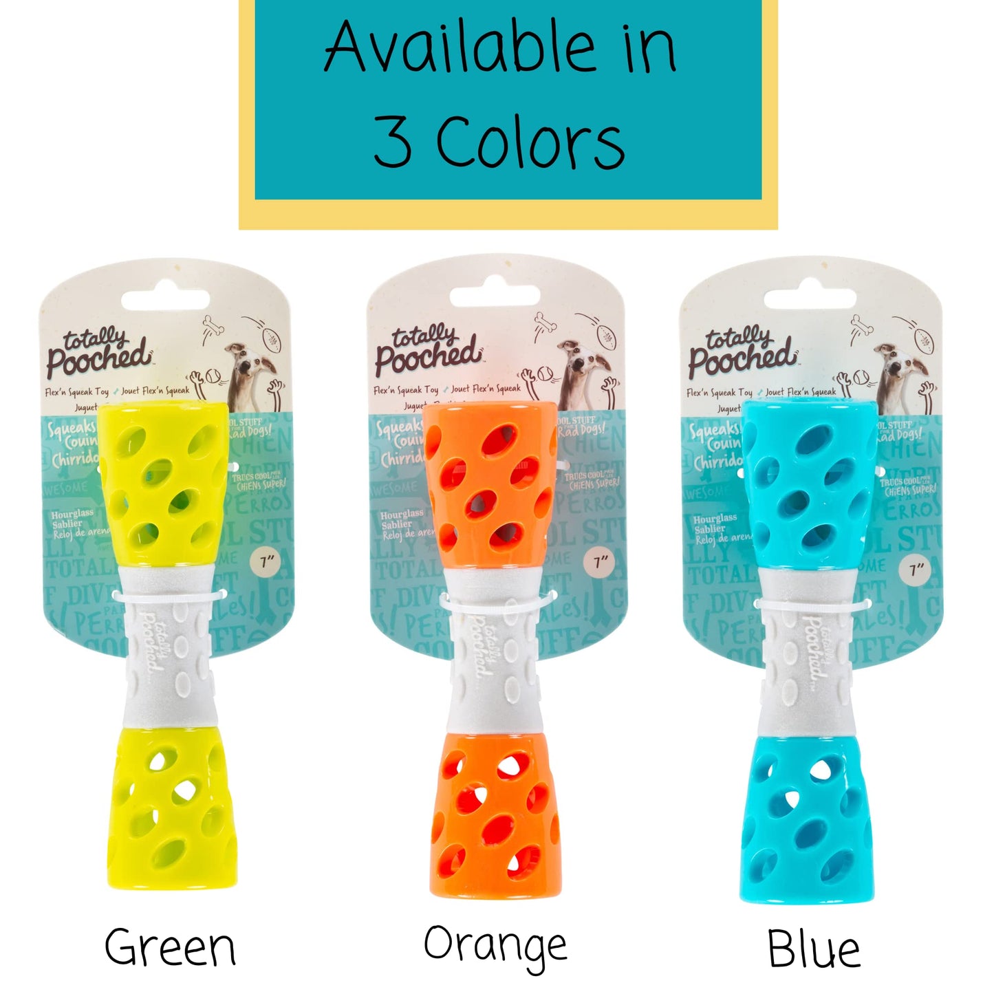 Messy Mutts Totally Pooched Toss 'n Stuff Hourglass | Interactive Treat and Squeak Toy for Dogs | Durable 7” TPR Dog Toy | Teal