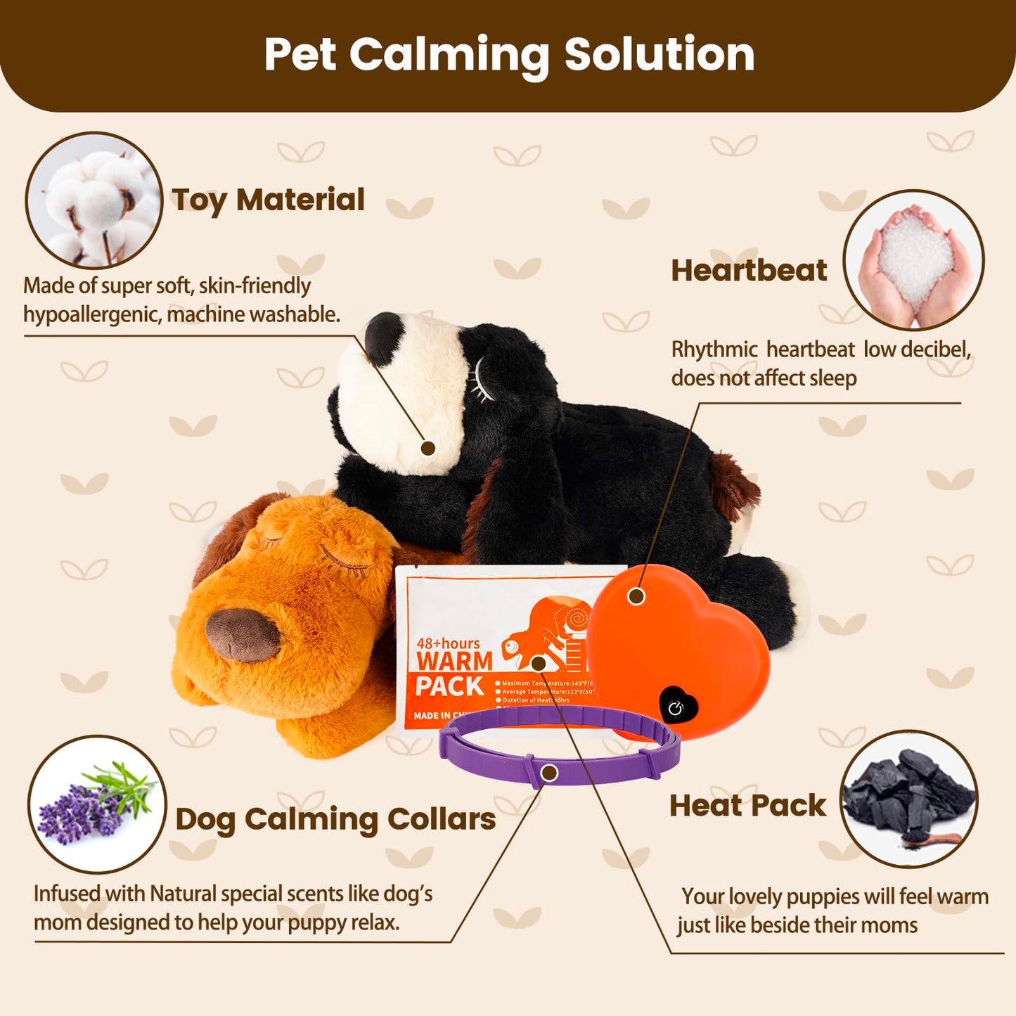 Trail Tail Dogs Calming Toy with Heartbeat, Dog Anxiety Relief Calming Aid,Anxiety Relief for Dogs Calming,Box Included a pet Calming Collars,48h Warm Pack,Plush Puppy Toy,Heartbeat Toy(Black)