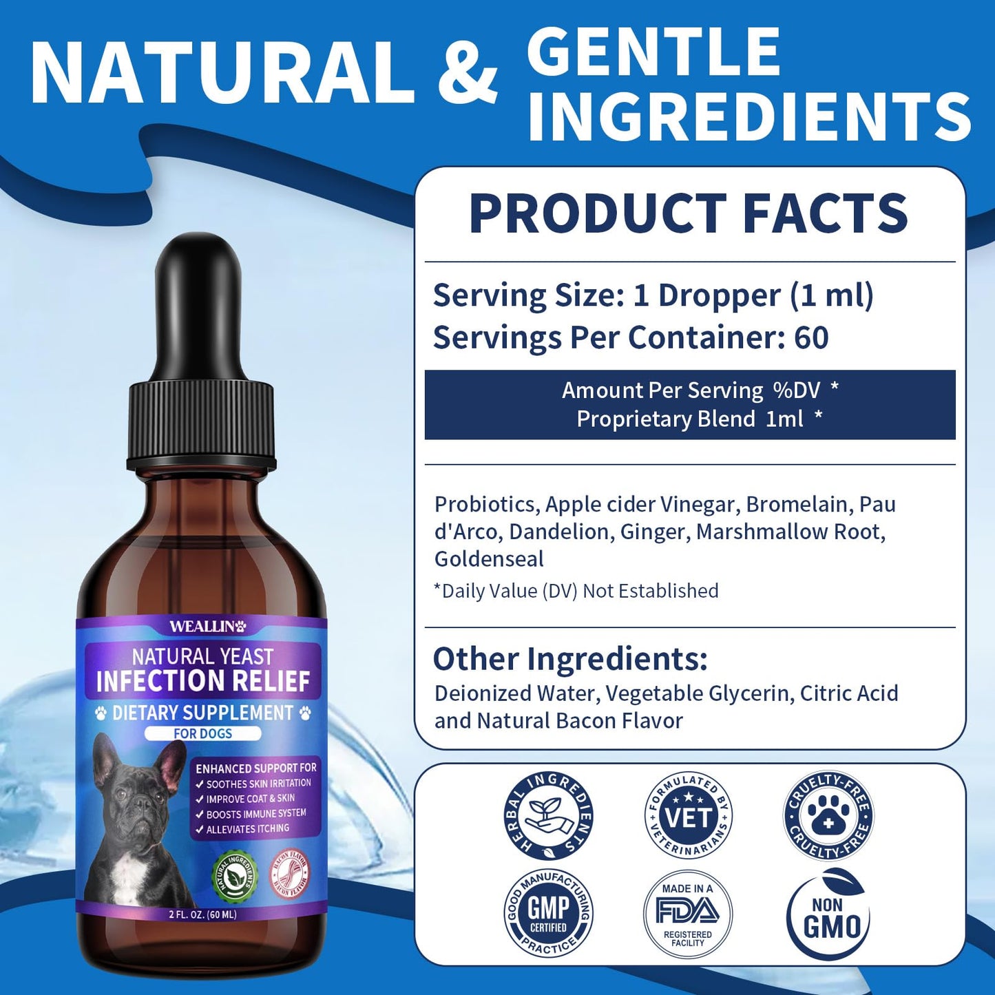 Natural Yeast Infection Treatment for Dogs | Probiotic-Powered Drops with 8-Herbal Blend | Supports Skin, Ears, Allergy Relief | Dog Yeast Infection Treatment Oral Supplement | Bacon-Flavored