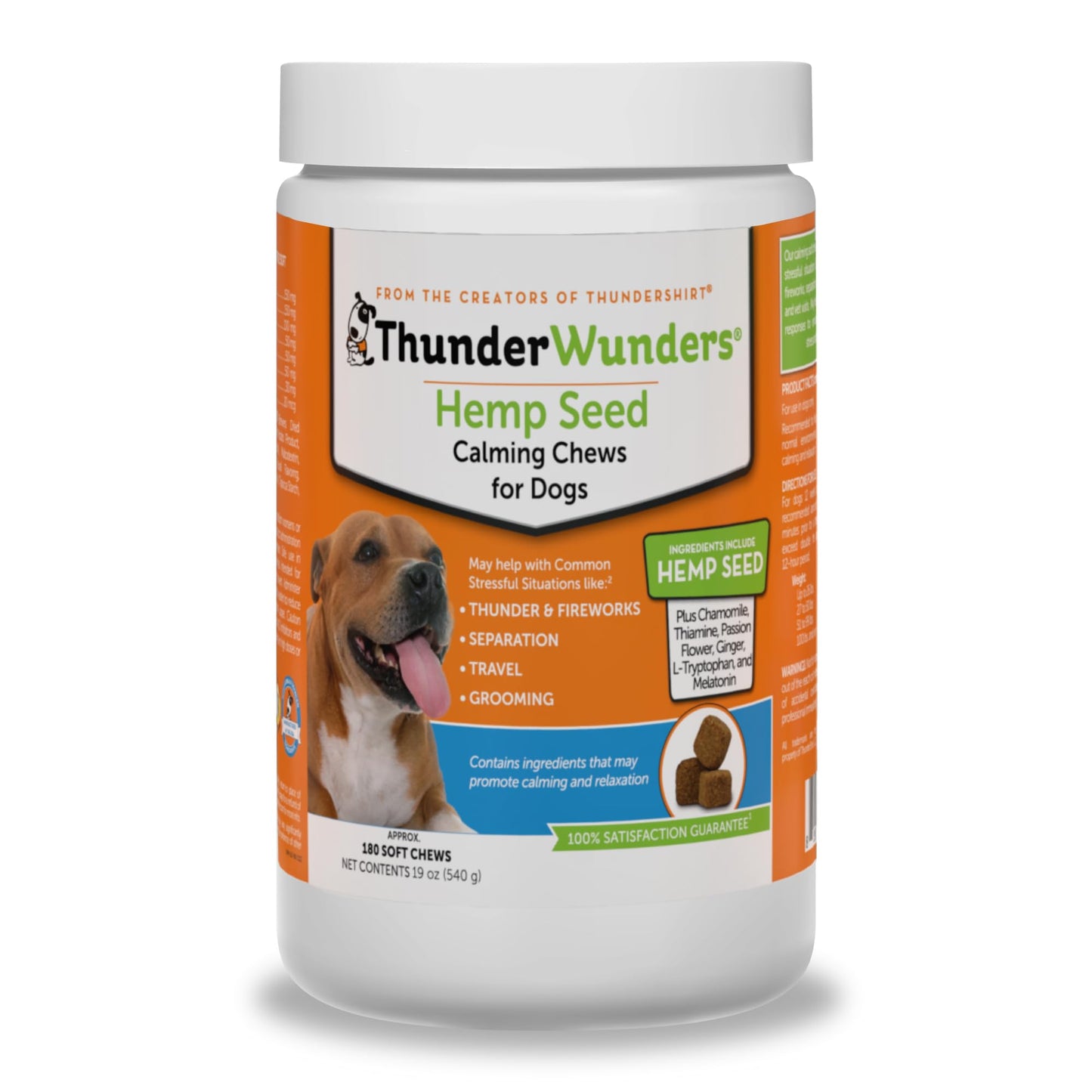 ThunderWunders Hemp Dog Calming Chews | Vet Recommended for Situational Anxiety | Fireworks, Thunderstorms, Travel & More | Made with Hemp Seed, Thiamine, L-Tryptophan, Melatonin & Ginger (180 Count)