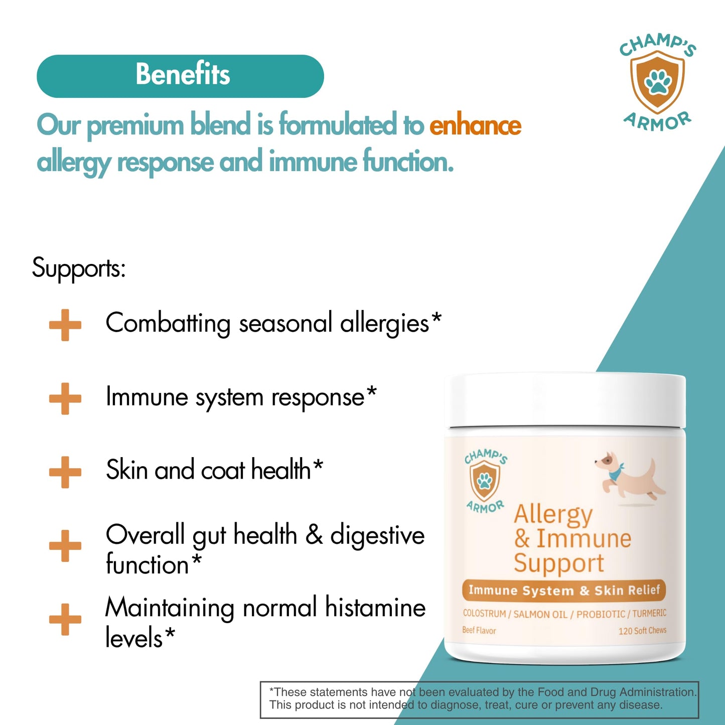 Champ's Armor Allergy & Immune Soft Chews for Dogs. Daily Support for Itchy Skin, Immune Health, Seasonal Allergies. W/Colostrum, Salmon Oil, Probiotics, Quercetin, Turmeric. 120 ct.