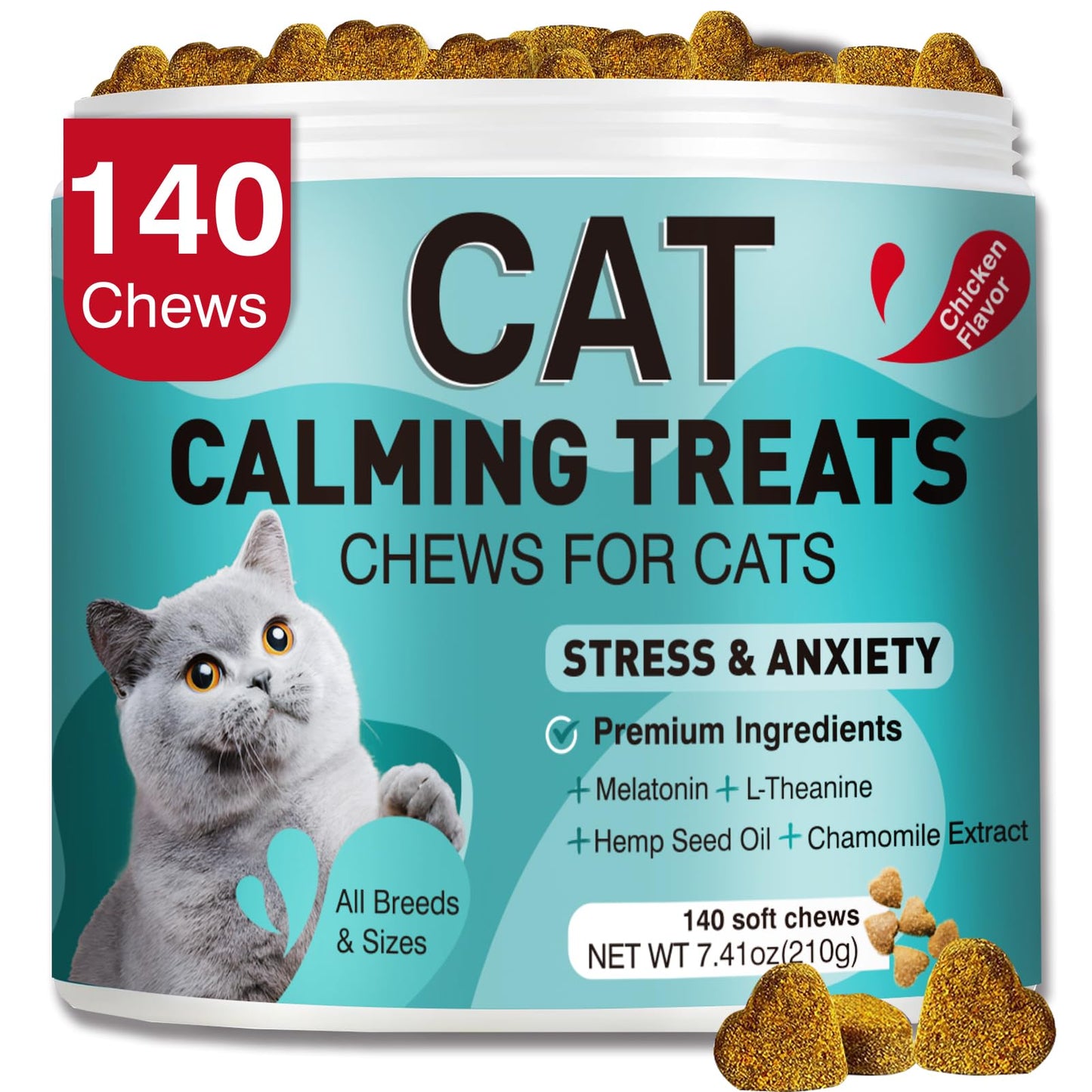 MNQAXZ Cat Calming Treats, 140 Soft Chews to Relieve Anxiety, Stress & Prevent Bites, Perfect for Travel & Veterinary Visits, Soothing Calming Care for Indoor Cats Chicken Flavor 7.41 OZ