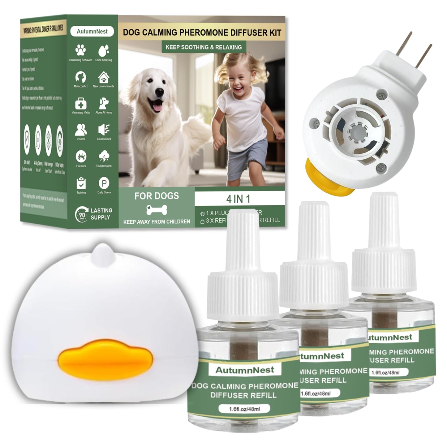 4-In-1 Dog Calming Diffuser Kit with 3 Refills (48ml Each), Plug-in Pheromone Dispenser for Dogs, 90-Day Supply, Covers 700 sq ft, Safe & Odorless Stress Relief Solution, Promotes Relaxed Behavior