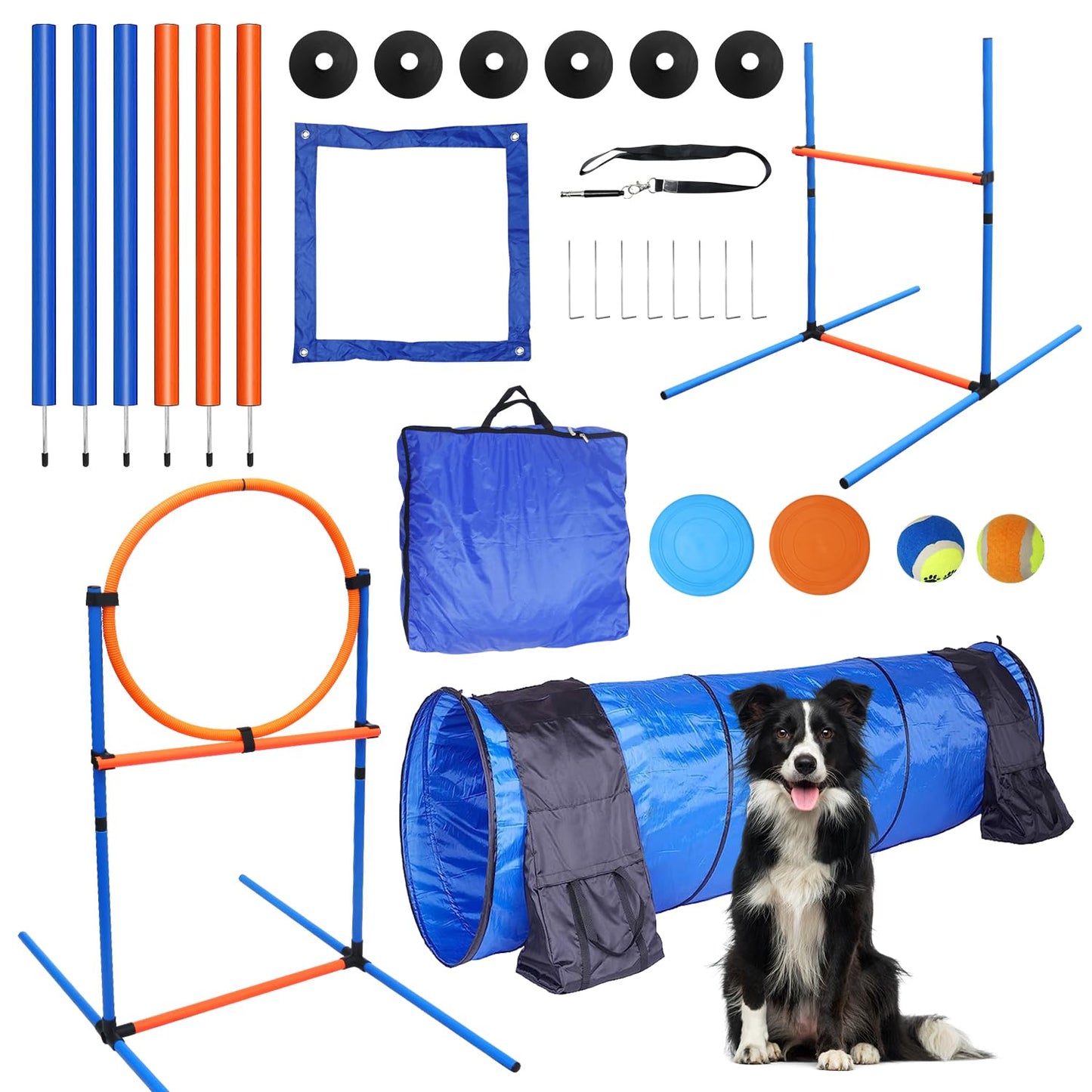 Dog Agility Training Equipment Set Outdoor Indoor Game, Tire Jump + Hurdle Jump, Tunnel, Weave Poles, Pause Box, 2 Toy Balls, 2 Flying Discs, 1 Whistle, 1 Bag, Backyard Premium Dog Obstacle Course Kit