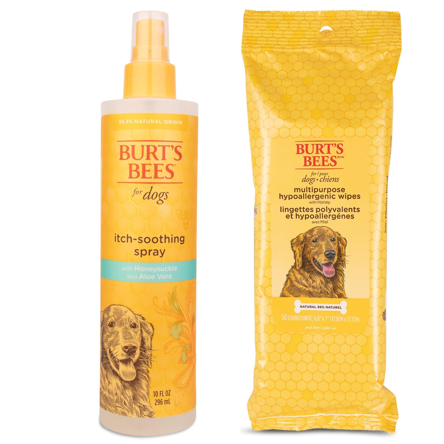Burt's Bees for Pets Itch Soothing Spray with Honeysuckle & Multipurpose Dog Wipes with Honey | Natural Dog Spray for Itchy Skin & Hypoallergenic Dog Wipes for Cleaning Paws & Coat | 10 Fl Oz & 50 Cou