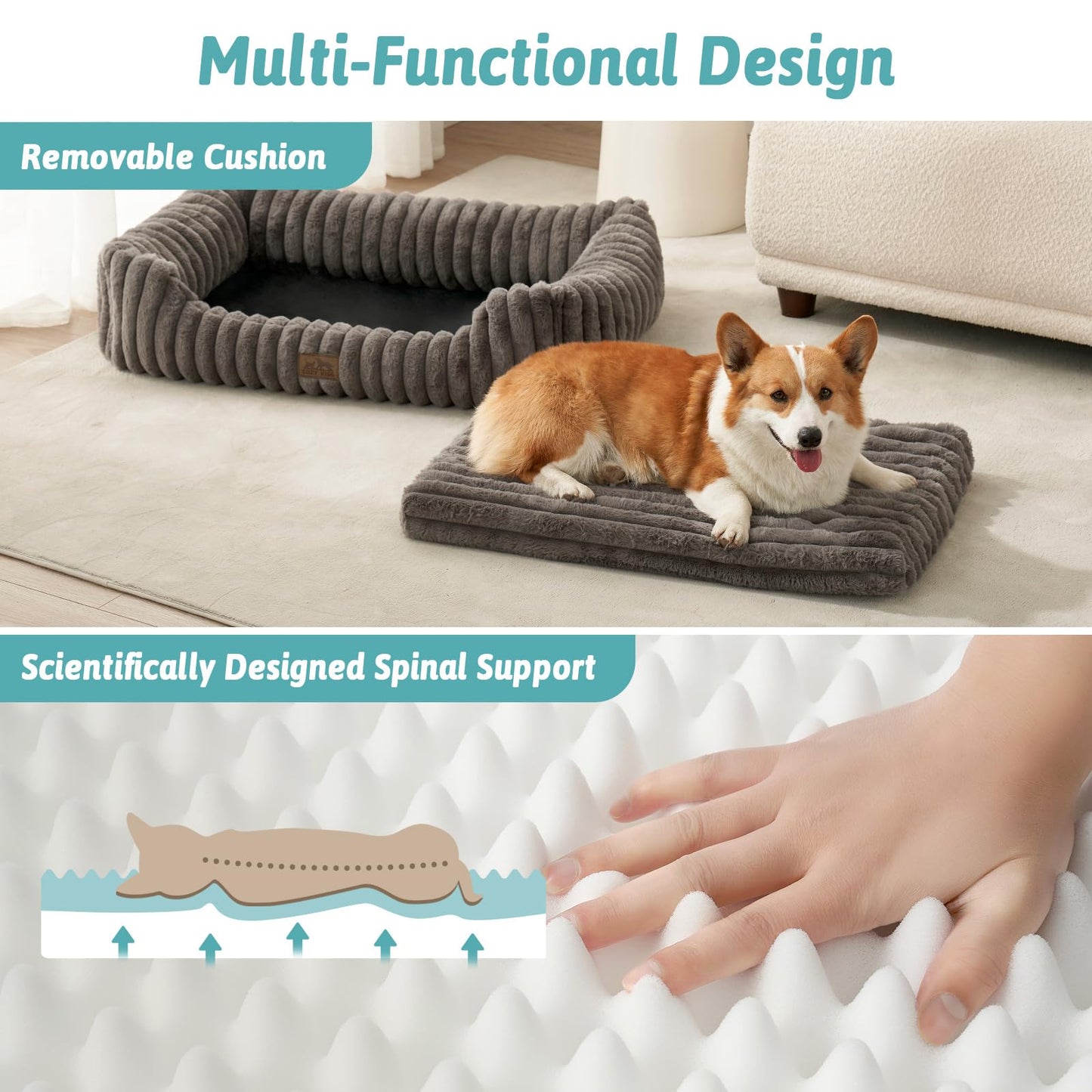 Orthopedic Dog Bed for Medium Dogs & Large Dogs - Washable Rectangle Pet Bed with Anti-Slip Bottom, Soft Calming Cat & Puppy Bed for Indoor Pets (35"x25"x8", Grey)