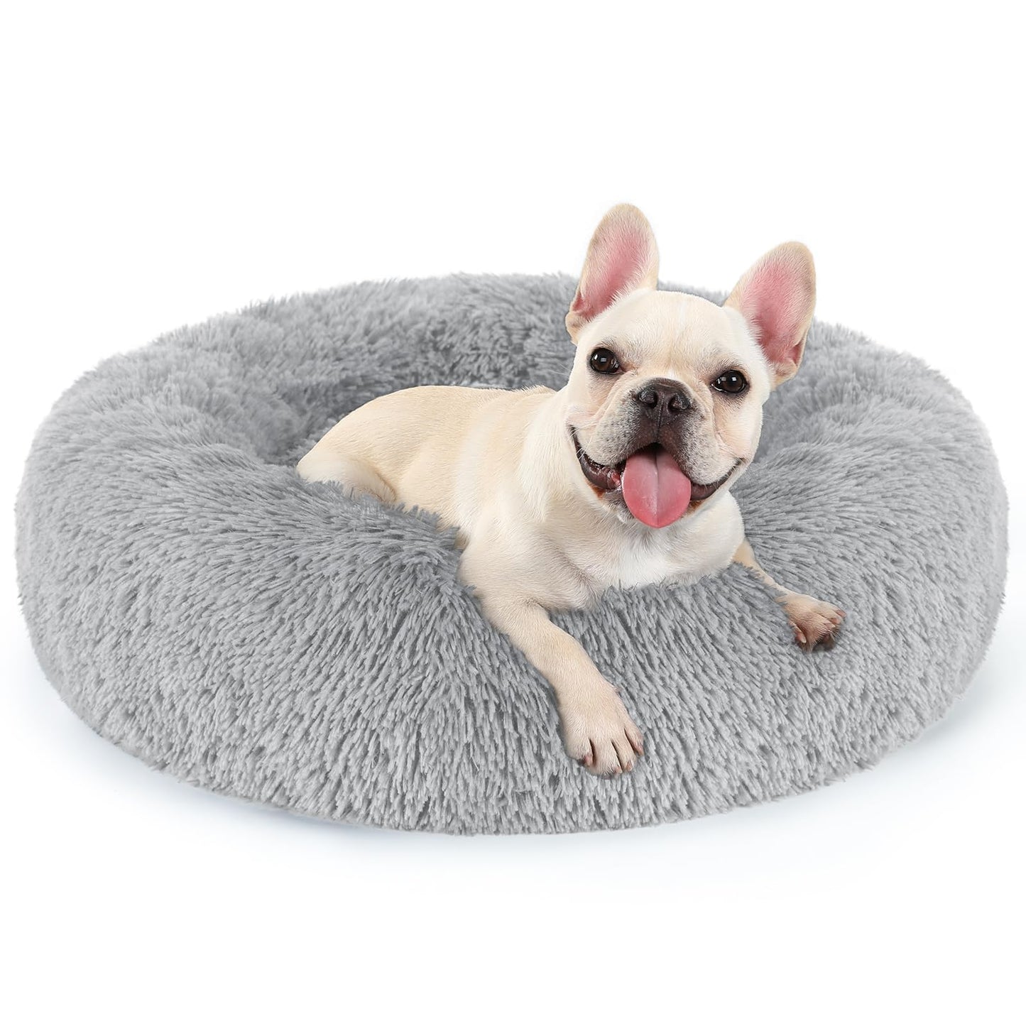 rabbitgoo Calming Dog Bed for Small Medium, 27 inches Pet Bed Machine Washable, Non-Slip Round Fluffy Plush Faux Fur, Soft Donut Cuddler Cushion for Small Dogs, Light Grey