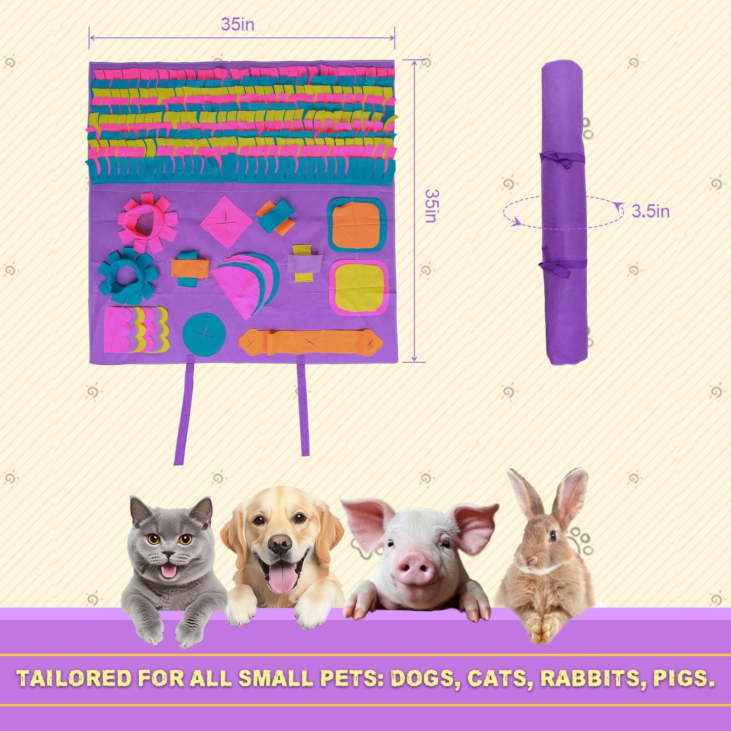 PJDH 35”x35” Snuffle Mat for Dogs, 3-in-1 Slow Feeder Mat with Anxiety Relief & IQ Training, Extra Large Felt Foraging Mat for Fast Eaters/Hyperactive Dogs/Puppies, Brain Stimulation Toy