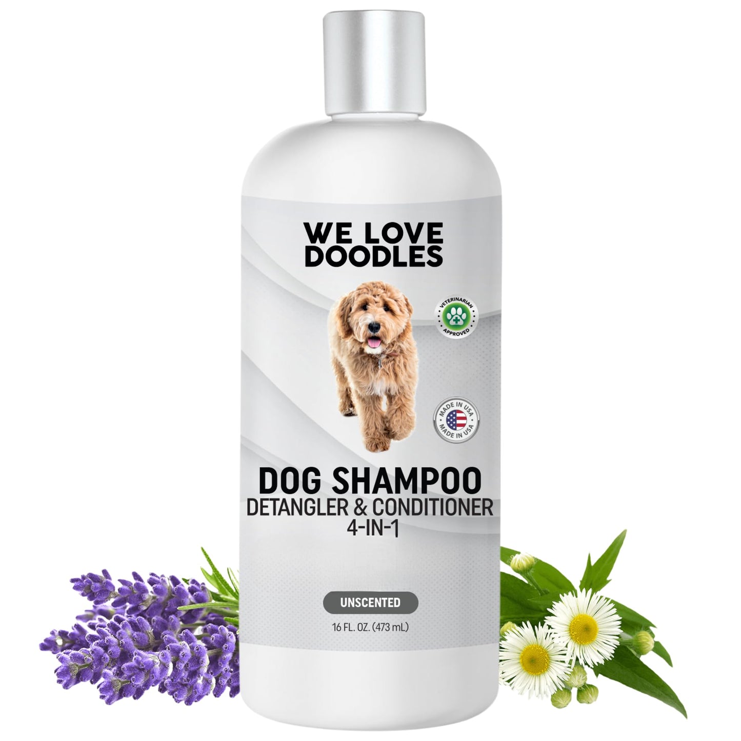 Dog Shampoo, Conditioner & Detangler - Best Shampoo for Goldendoodles, Poodles & Doodles - for Matted Pet Hair - Sensitive Skin Shampoo for Puppies - Made in The USA, 16OZ (Unscented)