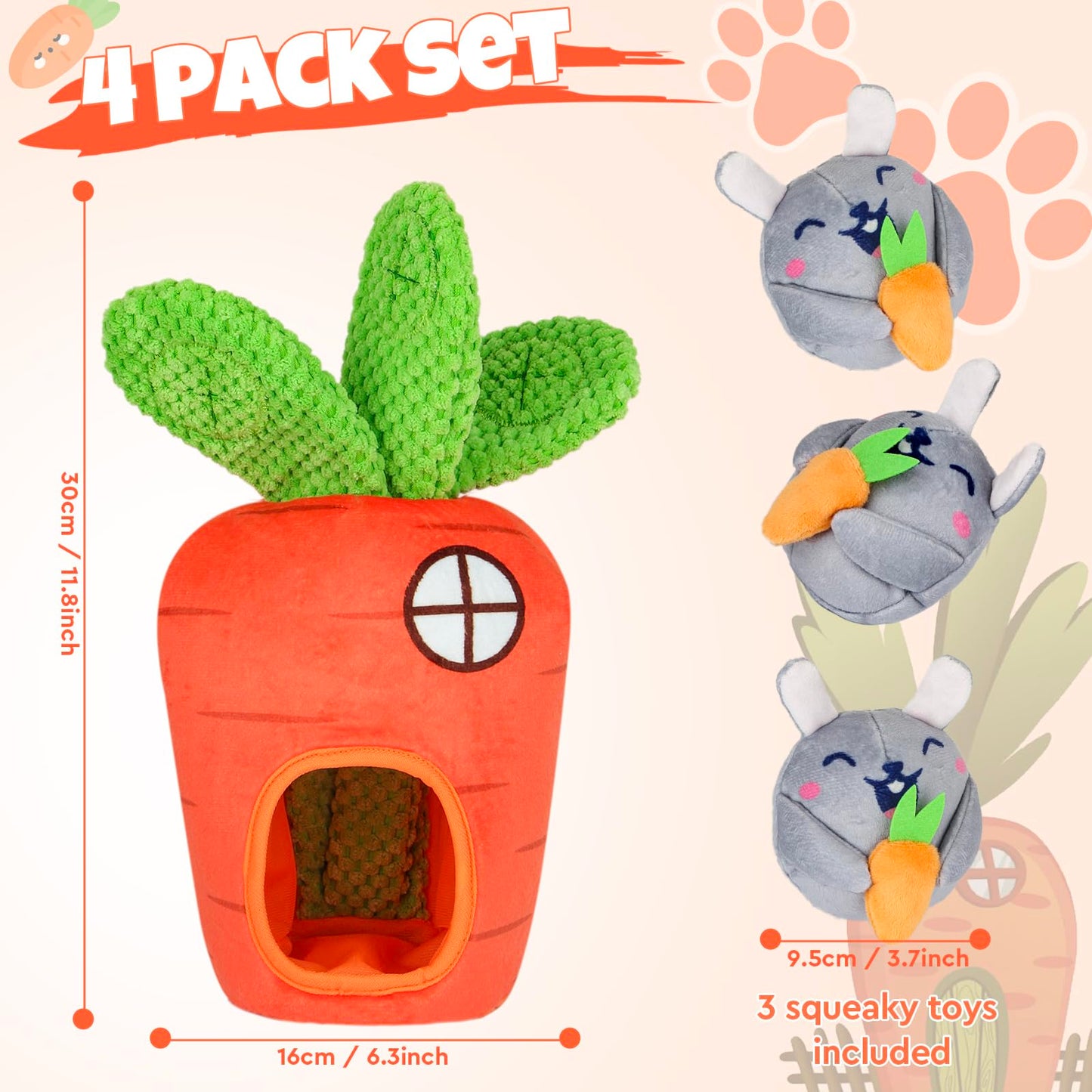 Hide and Seek Squeaky Dog Plush Toy Carrot and Bunny Set, 4 Pack Dog Puzzle Toys for Training and Cleaning, Interactive Tough Dog Toy for Small Medium Dogs