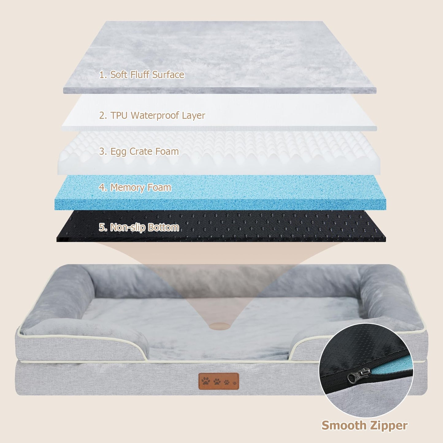 Dokdogs Orthopedic Dog Beds Large Sized Dogs - Waterproof Memory Foam Pet Bed for Couch with Removable Washable Cover & Nonskid Bottom, Big Dog Sofa Bed (L, Grey)