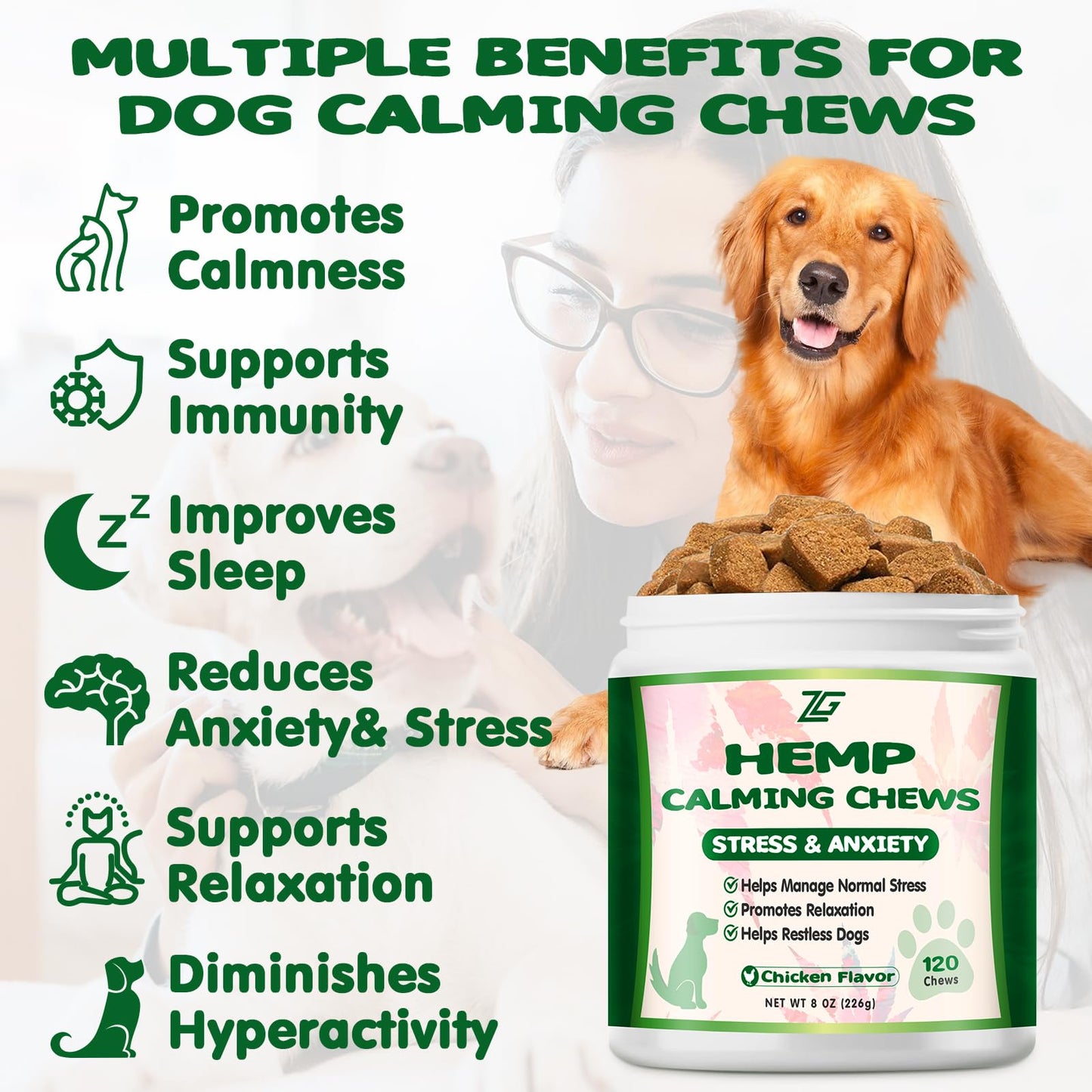 ziehooGe Calming Chews for Dogs - Dog Calming Chews - Anxiety Relief Treats Helps with Separation, Barking, Stress Relief, Composure, Promote Relaxation - Dog Supplements 120 Soft Chews