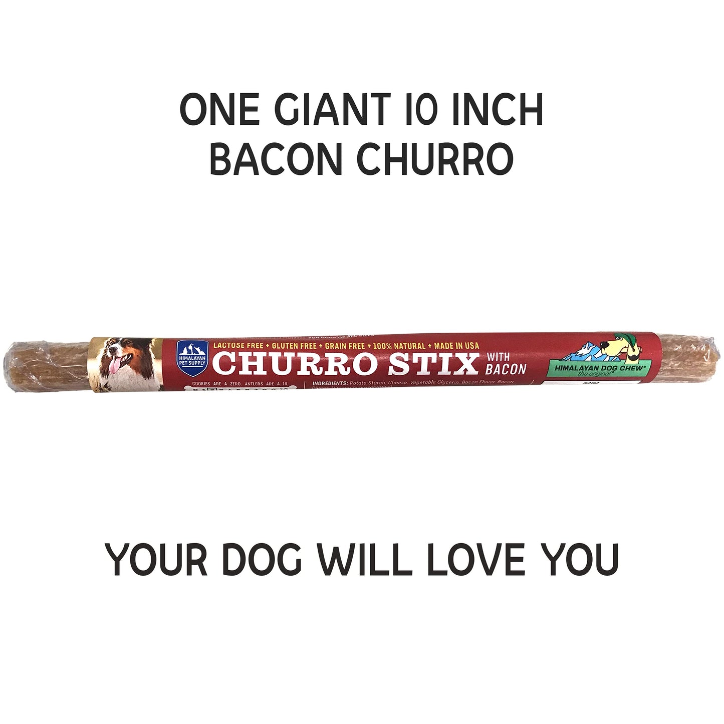 yaky CHURRO Himalayan Cheese Treats | Lactose Free - Gluten Free - Grain Free | USA Made | for All Breeds | 1 x 10 inch Churro | Real Bacon Flavor