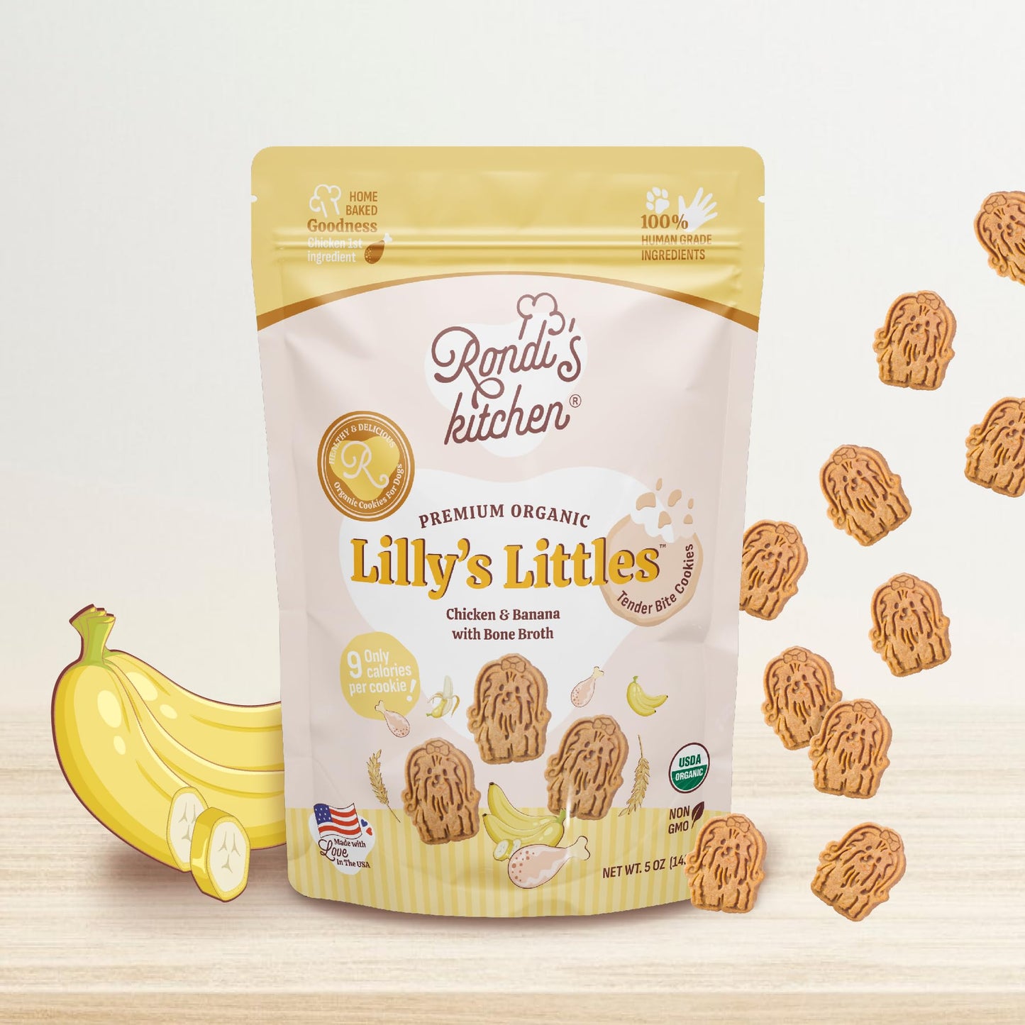 Rondi's Kitchen Lilly's Littles All-Natural & Organic Healthy Soft Dog Treats, Healthy Snacks for Small Dogs, Puppies, and Seniors, Tender Bite Cookies, Human Grade - Chicken & Banana