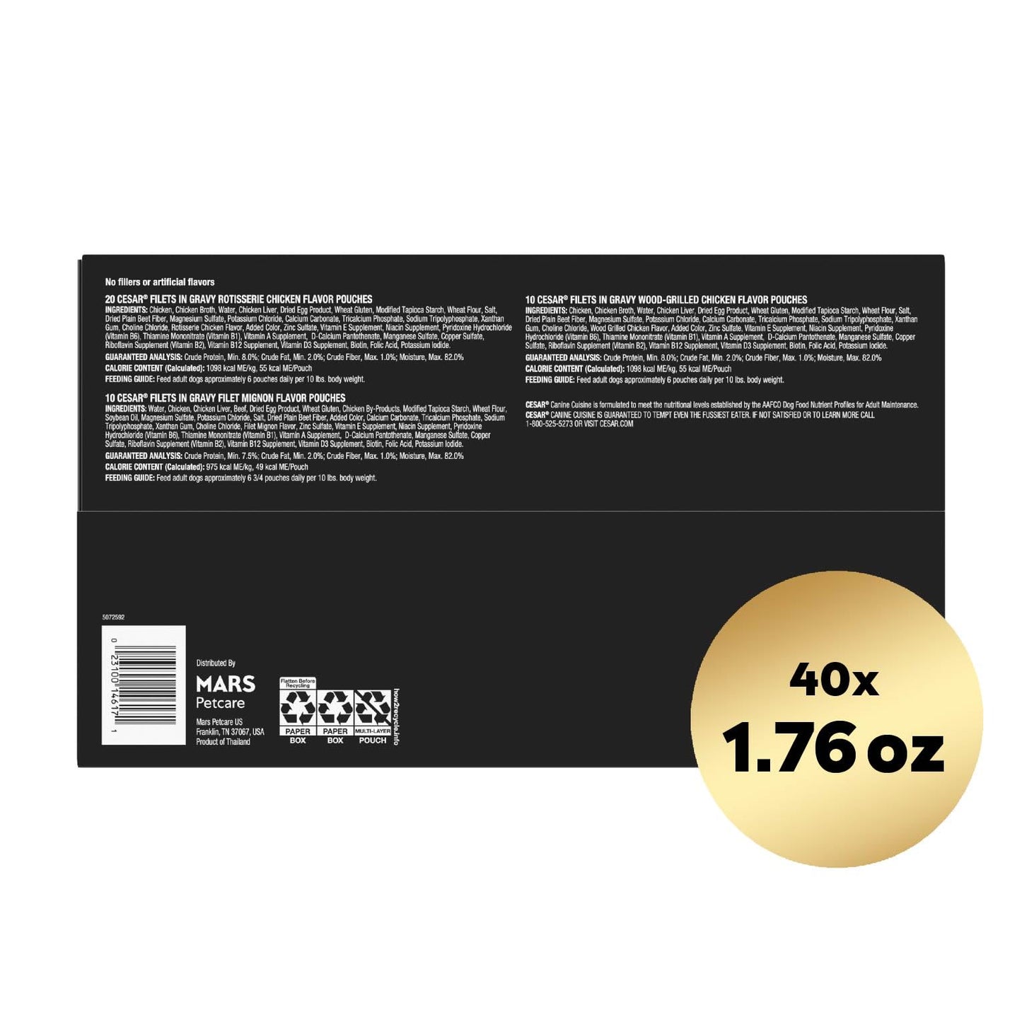 Cesar Filets in Gravy Wet Dog Food Filet Mignon Flavor, Rotisserie Chicken Flavor, and Wood-Grilled Chicken Flavor Variety Pack, 1.76 oz. Mini-Pouches (40 Count, Pack of 1)