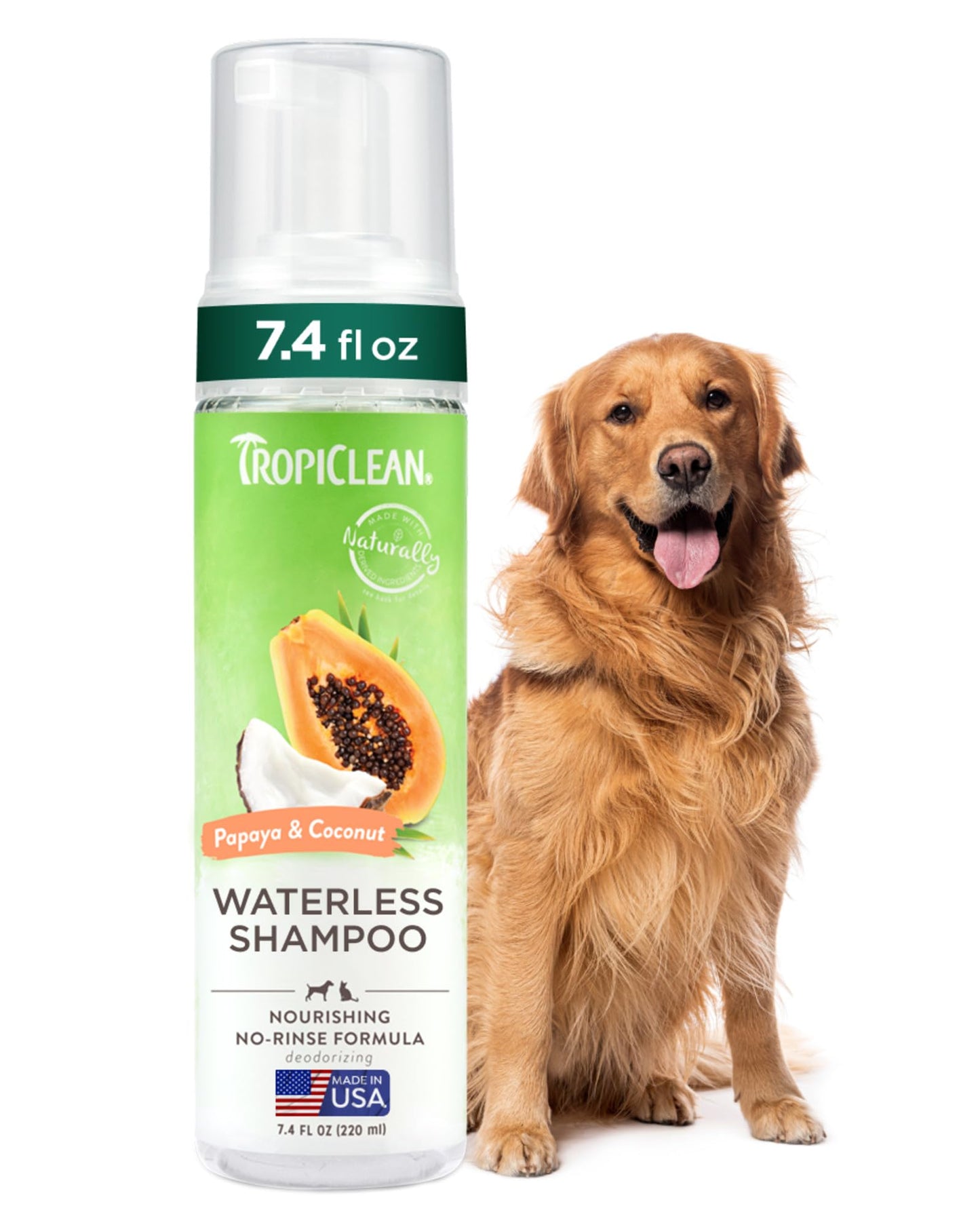 TropiClean No Rinse Waterless Dog Shampoo | Detangling & Deodorizing Dry Shampoo for Smelly Pets | Moisturizes Dry Skin | USA Made | Papaya Scent | 7.4oz