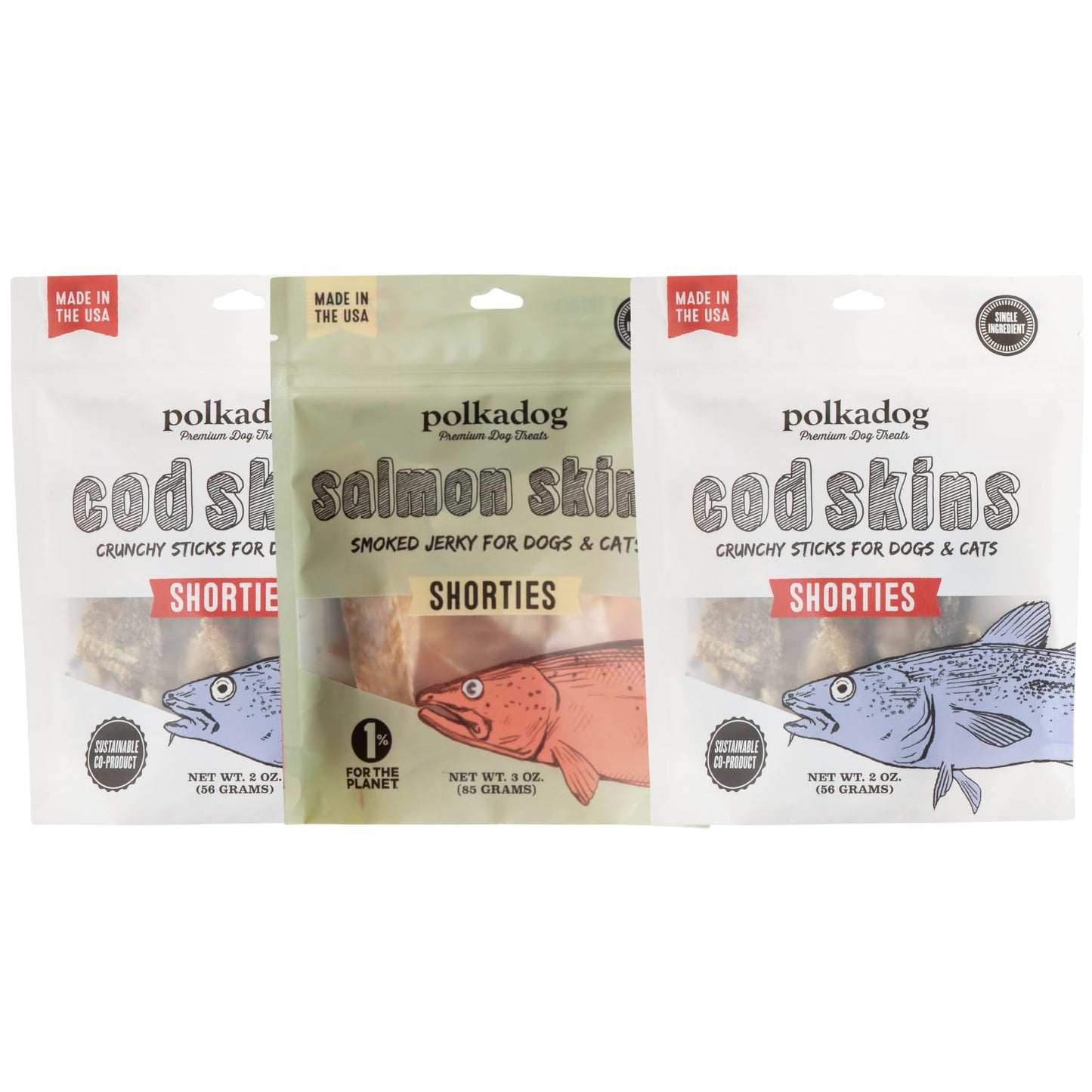 Polkadog Fish Skin Shorties Variety 3-Pack – Includes 2x Cod and 1x Salmon. All-Natural Dog Treats, Made in USA, Single Ingredient, Omega-3 Rich, Grain-Free & Hypoallergenic Jerky for All Breeds