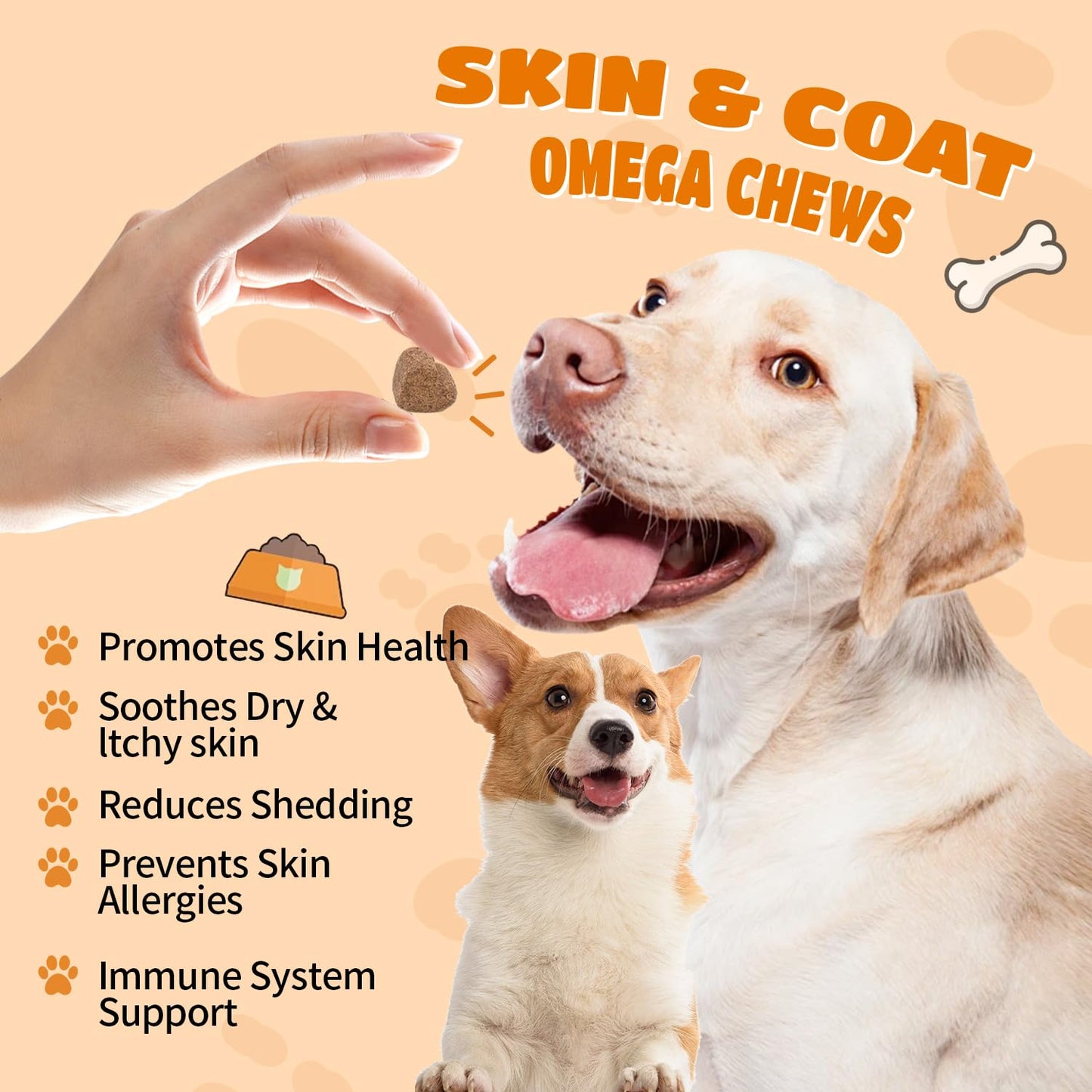 Skin and Coat Chews for Dogs - Itchy Skins Dog Supplement Support Hot Spots Comfort and Shedding Allergy Joint Health with Omega 3 Fish Oil, EPA & DHA Fatty Acids, Bacon Flavor 100 Count Softs Treats