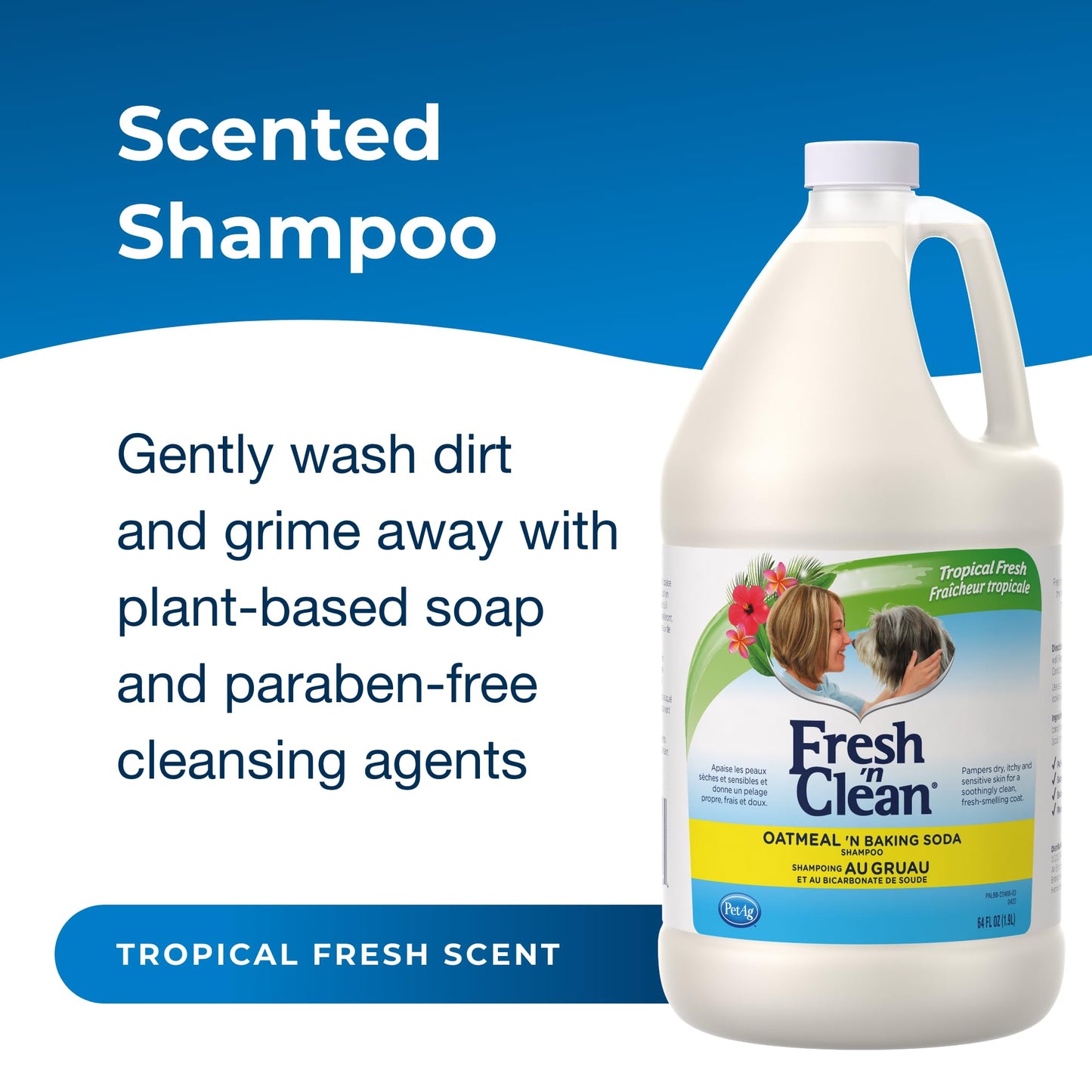PetAg Fresh ’n Clean Oatmeal ’n Baking Soda Shampoo - Tropical Fresh Scent - 64 oz - Nurtures Dry, Itchy & Sensitive Skin with Vitamin E & Aloe - Strengthens & Repairs Coats - Soap Free