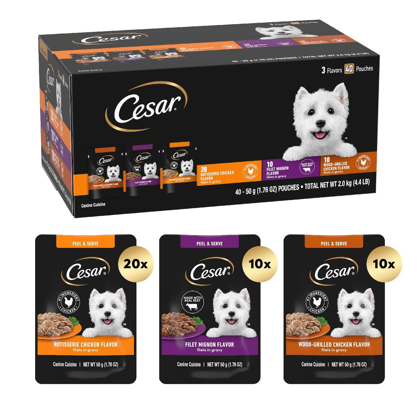 Cesar Filets in Gravy Wet Dog Food Filet Mignon Flavor, Rotisserie Chicken Flavor, and Wood-Grilled Chicken Flavor Variety Pack, 1.76 oz. Mini-Pouches (40 Count, Pack of 1)