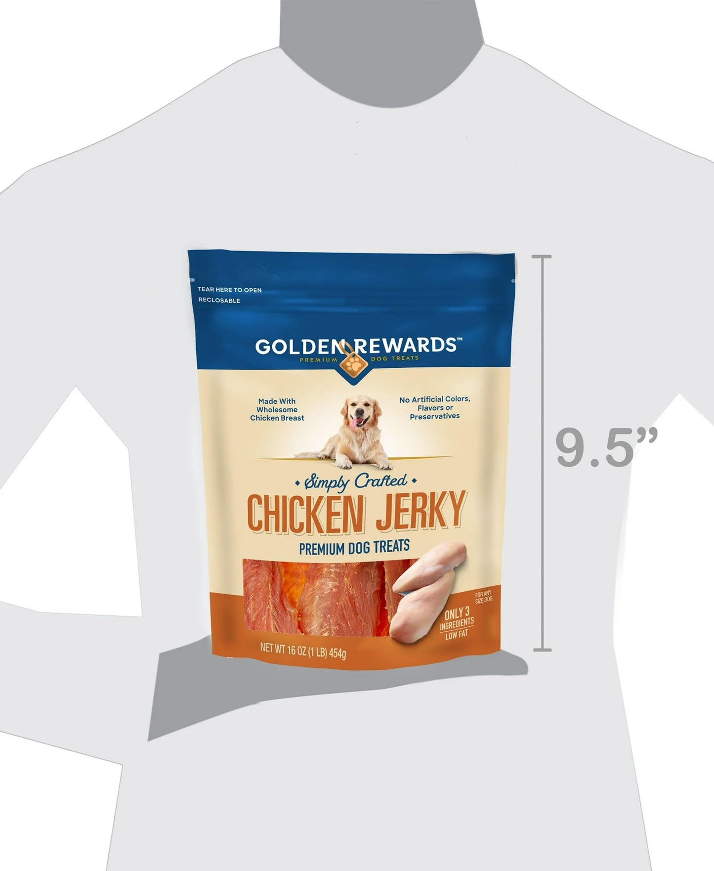 Golden|Rewards Chicken Jerky Dog Treats, 16 oz Bag, Made with Wholesome Chicken Breast, Low Fat, Grain-Free, No Artificial Colors or Preservatives, Premium High-Protein Snack for Dogs