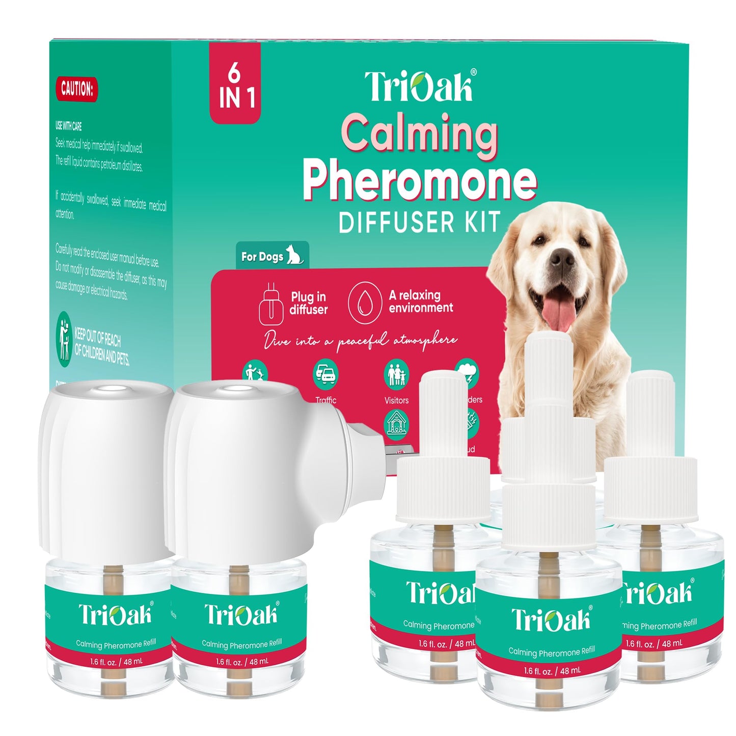 TriOak Pheromone Diffuser for Dogs: Advanced Dog Calming Diffuser - Calming Pheromones for Dogs - Dog Appeasing Pheromone for Dog Anxiety Relief, 2 Diffusers + 4 Refills (Teal)