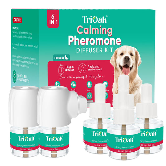 TriOak Pheromone Diffuser for Dogs: Advanced Dog Calming Diffuser - Calming Pheromones for Dogs - Dog Appeasing Pheromone for Dog Anxiety Relief, 2 Diffusers + 4 Refills (Teal)