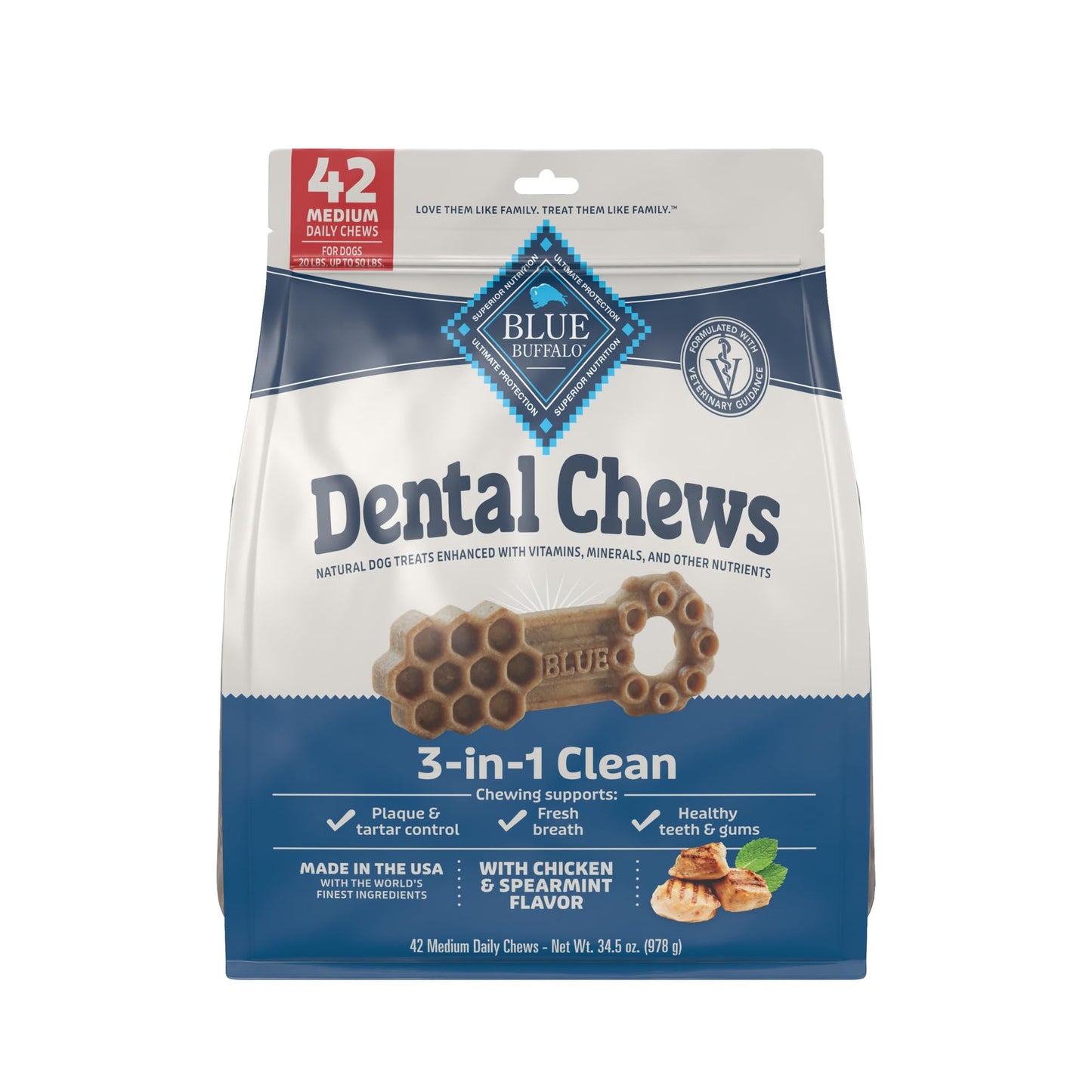 Blue Buffalo Dental Chews Medium Natural Dog Treats, Chicken & Spearmint 34.5-oz Bag (42 Count)