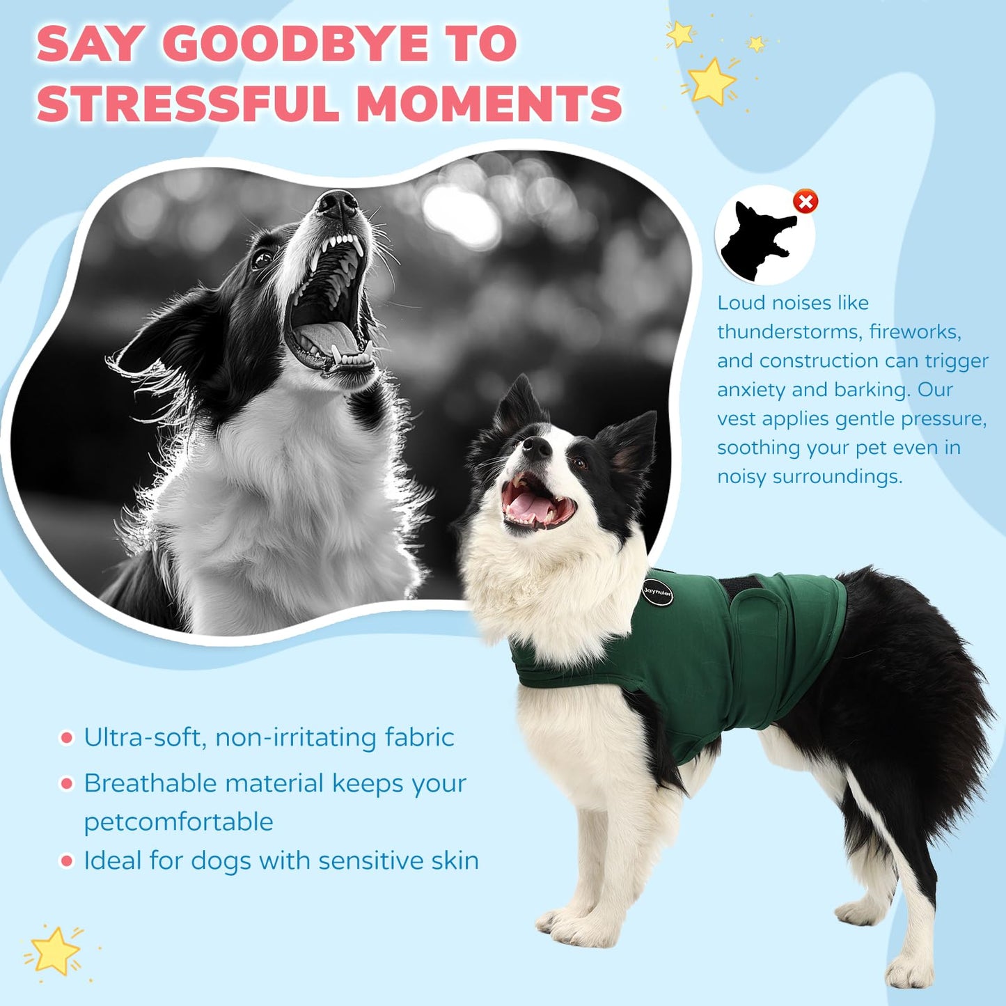 Jaynuier Dog Anxiety Relief Calming Vest, Dog Anxiety Jacket, Skin-Friendly Thunder Jacket