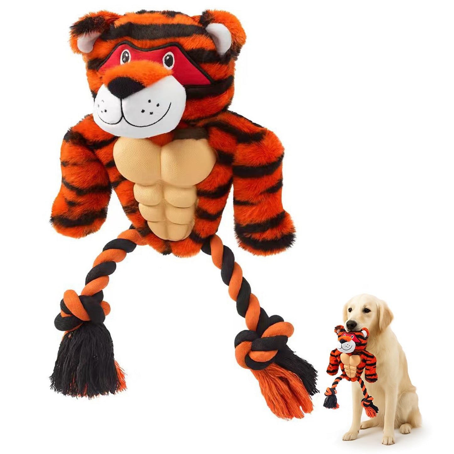 Calibonbon Durable Rope & Plush Dog Toy for Aggressive Chewers – Muscle Tiger Squeaky Tug Toy for Medium & Large Dogs, Interactive Chew & Play