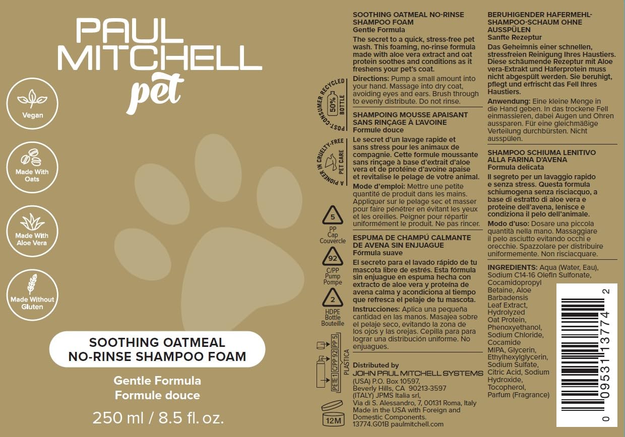 Paul Mitchell Pet Soothing Oatmeal Waterless No-Rinse Shampoo Foam for Dogs, Gentle Formula, 8.5 fl. oz