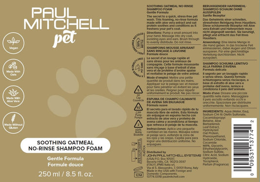 Paul Mitchell Pet Soothing Oatmeal Waterless No-Rinse Shampoo Foam for Dogs, Gentle Formula, 8.5 fl. oz