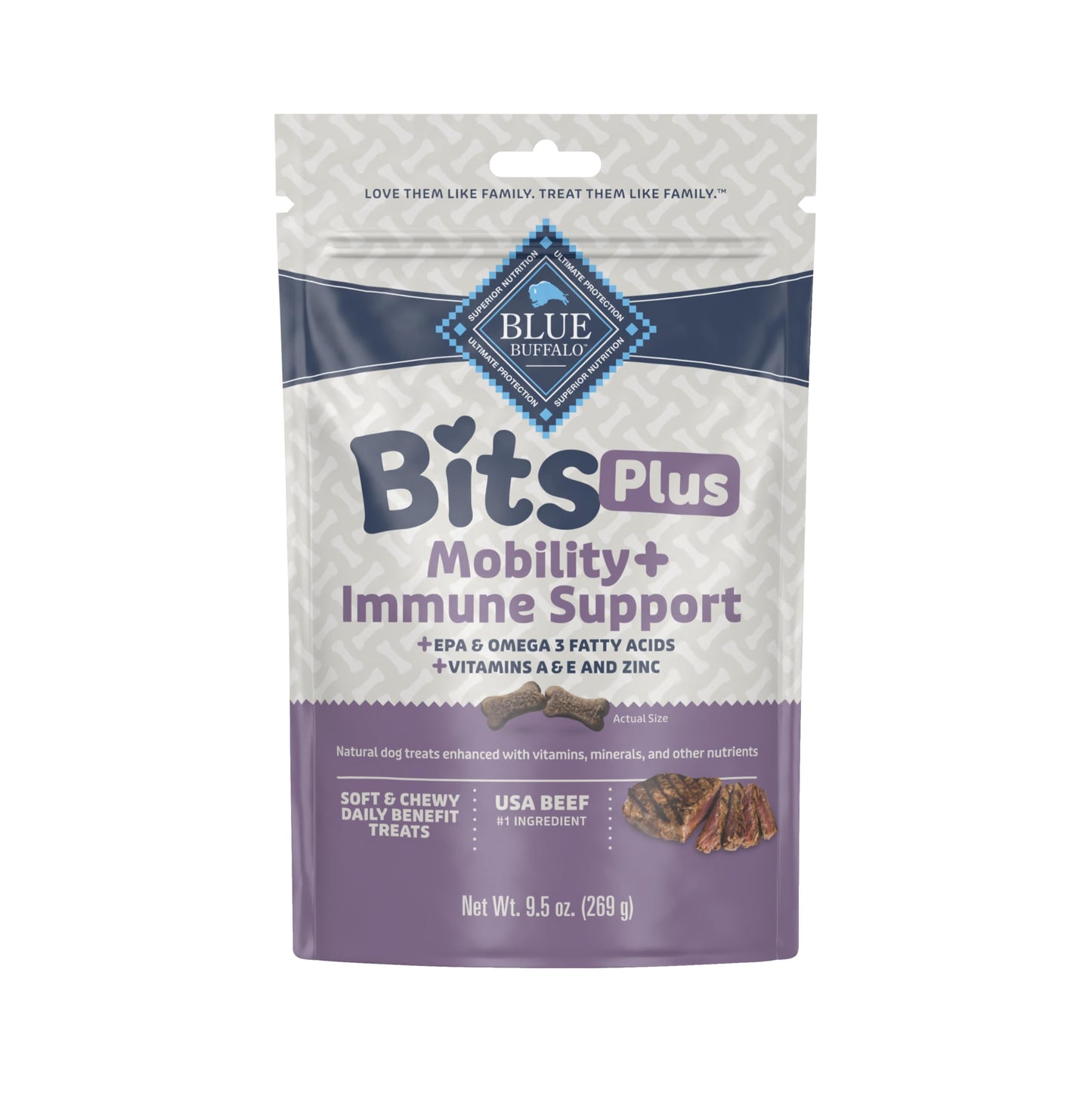 Blue Buffalo Blue Bits Plus Mobility and Immune Support Daily Benefit Dog Treats, Soft & Chewy Beef Morsels, 9.5-oz. Bag