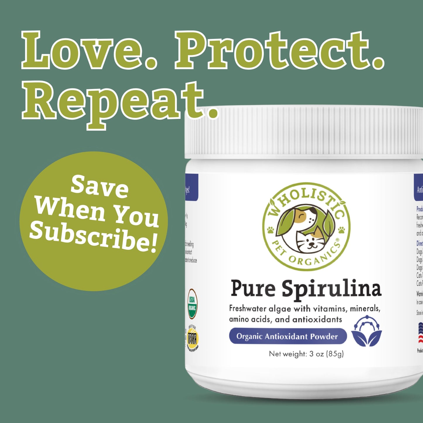 Wholistic Pet Organics Spirulina for Dogs - 3 Oz - Supports Healthy Immune System & Seasonal Allergy - Plant Based Antioxidant Support for Homemade Food - Organic Dog Food Topper - Freshly Made in USA