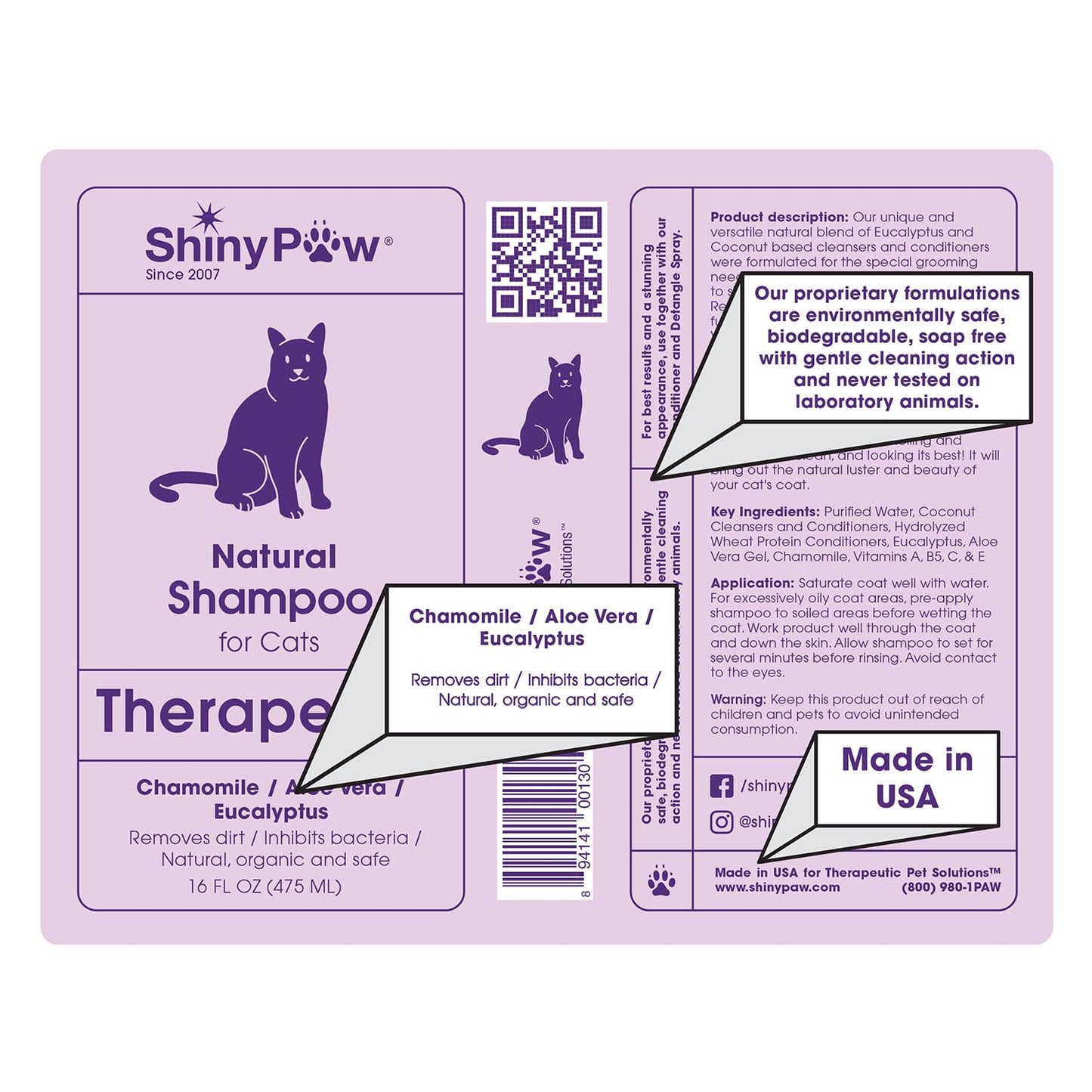 Natural Cat Shampoo for Itchy Skin with Chamomile, Aloe Vera & Eucalyptus by Shiny Paw 16 oz | Hypoallergenic Feline Shampoo for Sensitive Skin Itch Relief | for Adult & Senior Cats | Made in USA
