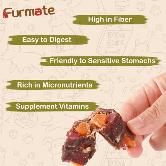 Furmate Dog Jerky Treats Duck Wrapped Orange Purple Sweet Potato, Healthy Dog Snacks High Protein Low Fat, Soft Chews Eliminates Tears, Training Rewards Treats for Small Medium Large Breeds,10.58 oz