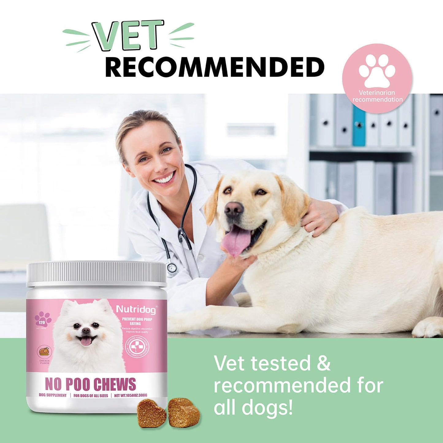 NutriDog No Poo Chews for Dogs - 120 Ct Chicken Flavor - Coprophagia & Stool Eating Deterrent with Probiotics, Digestive Enzymes & Breath Aid - Stop Dog Poop Eating - Gut Health (Chicken)