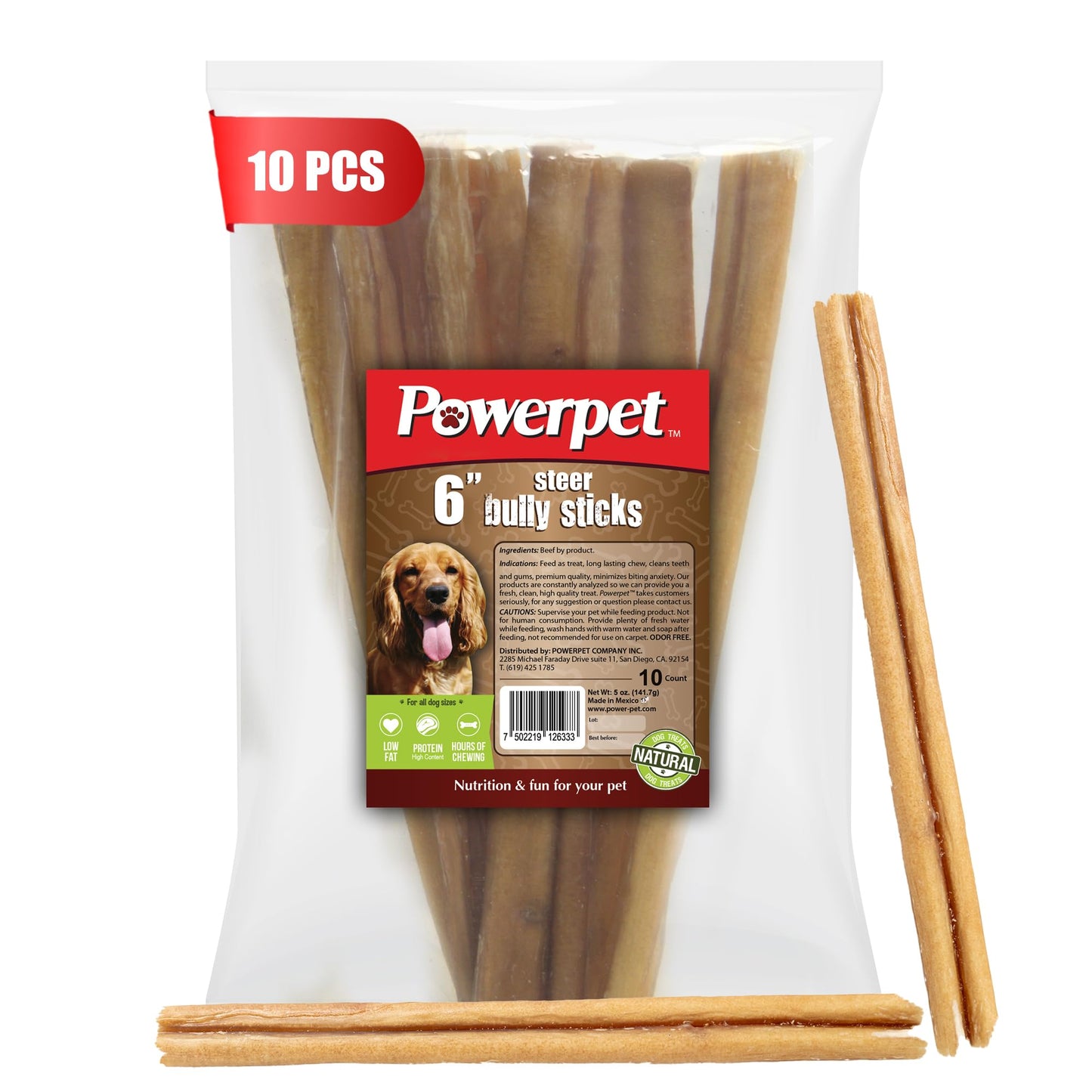 Powerpet 100% Natural Steer Stick - High Protein Bully Stick, Low Fat, Healthy Dog Treats, Long-Lasting Dog Chews, Easily Digestible, Cleans Teeth, Low Odor, for All Breeds & Sizes, 6" - 10 Count