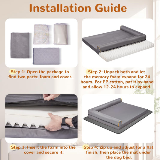 XL Dog Bed Orthopedic Memory Foam Pet Bed Waterproof with Anti-Slip Mat Washable Big Dog Couch Indestructible (Grey)