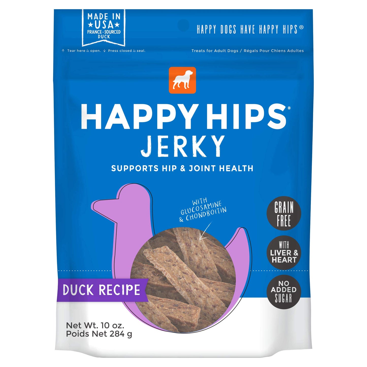 Happy Hips Jerky Dog Treats, Duck, 10 oz. Pouch
