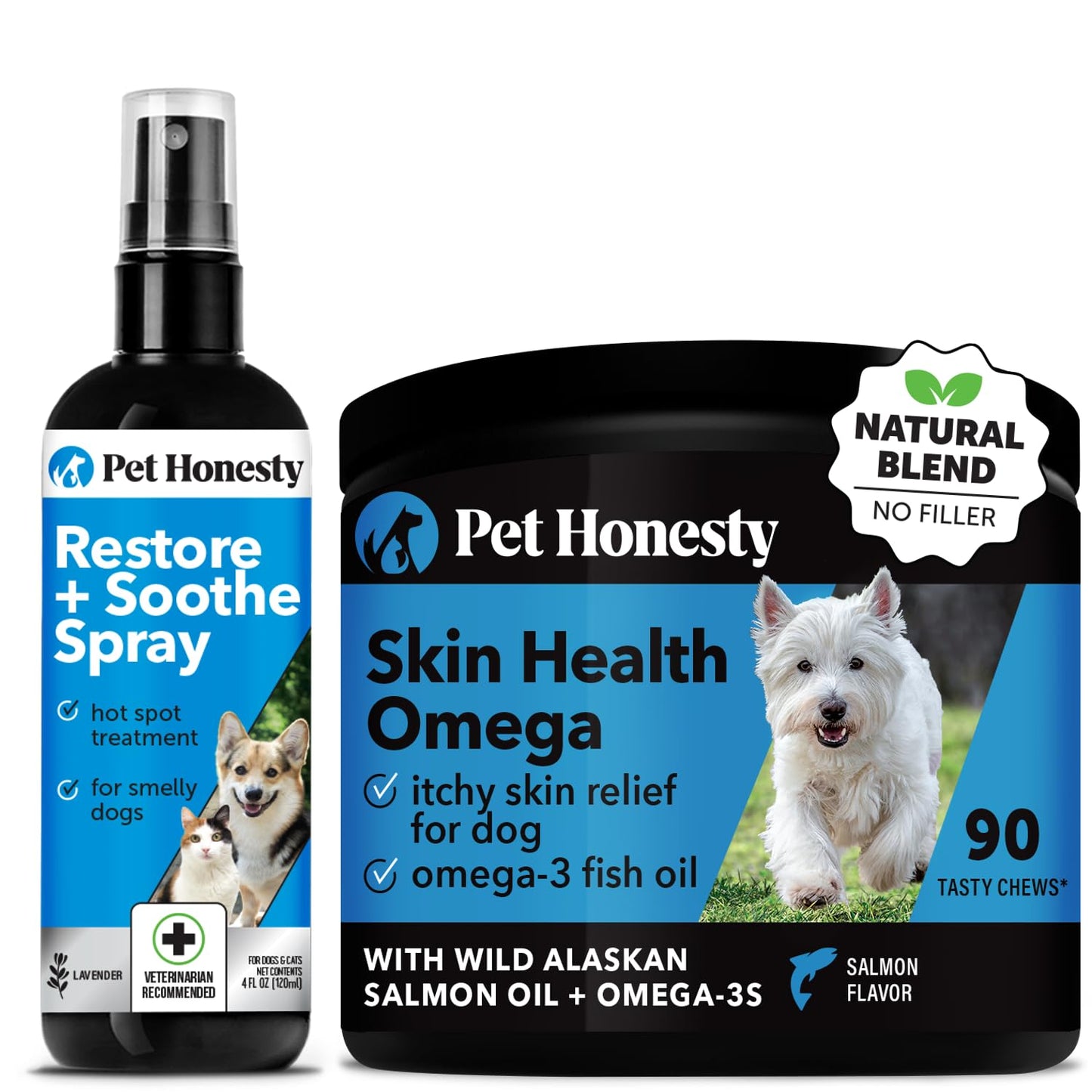 Restore + Soothe Hot Spots Spray for Dogs & Cats (Lavender) 4oz + Omega SkinHealth Chews for Dogs with Omega 3 Fish Oil and Salmon Oil for Healthy Skin, Itchy Skin Relief (90 Count)