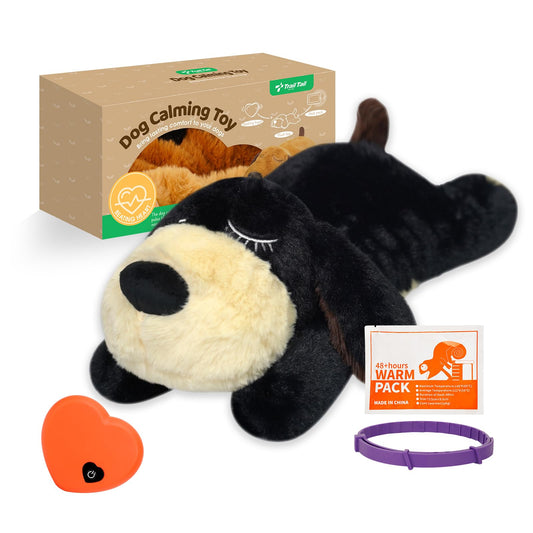 Trail Tail Dogs Calming Toy with Heartbeat, Dog Anxiety Relief Calming Aid,Anxiety Relief for Dogs Calming,Box Included a pet Calming Collars,48h Warm Pack,Plush Puppy Toy,Heartbeat Toy(Black)