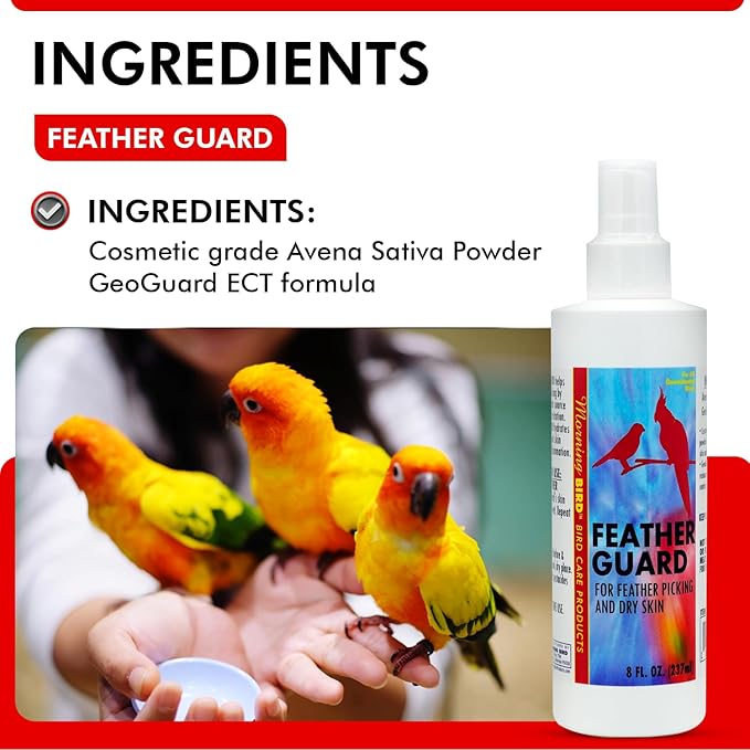Morning Bird Feather Guard Spray for Birds 8 Fl Oz – Soothes Irritation & Itchy Skin – Reduces Feather Picking – Promotes Healing & Feather Growth – Easy No-Rinse Spray – Safe Daily Skin Care Formula