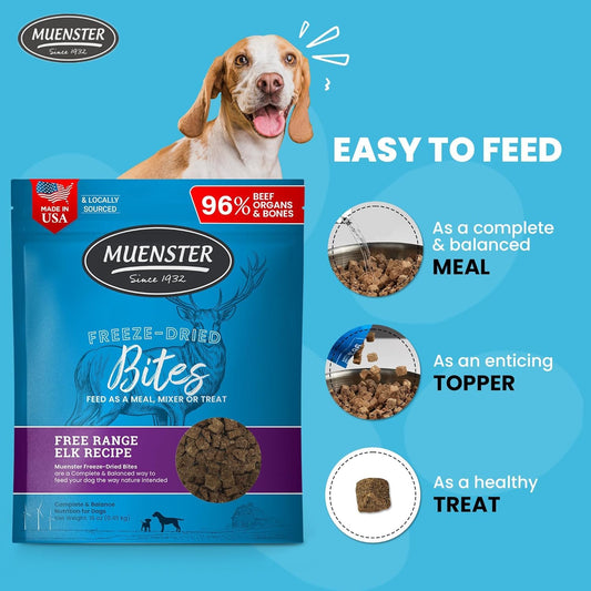 Muenster Freeze Dried Elk Bites - Dog Food, Treat, Mixer or Topper (16oz) - Grain-Free