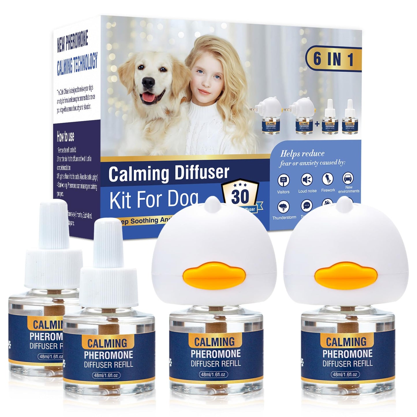 Dog Calming Pheromones Diffuser 6 in 1 Kit Appeasing Pheromone Diffuser to Calm (2 Plug in+4 Pack 48ml Refill) for Anxiety Relief Reduce Aggression Fighting Barking Stress 120 Day Supply(Tasteless)