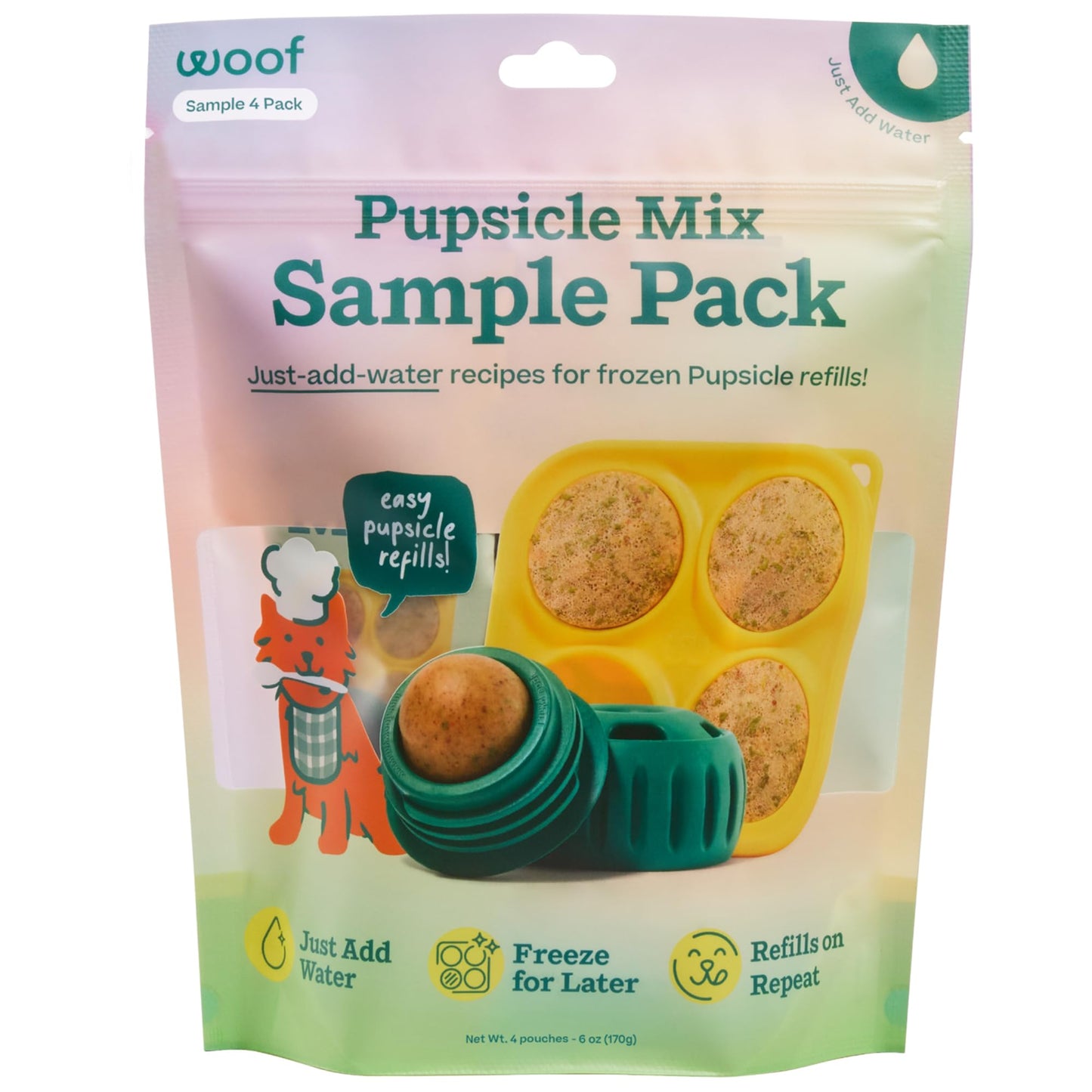 WOOF Pupsicle Mix Sample Pack - Easy-to-Make DIY Pupsicle Refills - Delicious Mix for The Pupsicle Interactive Dog Toy - with Bacon & Cheese, Calming, Balanced Belly, and Dental Mix - 4 Pack Sampler