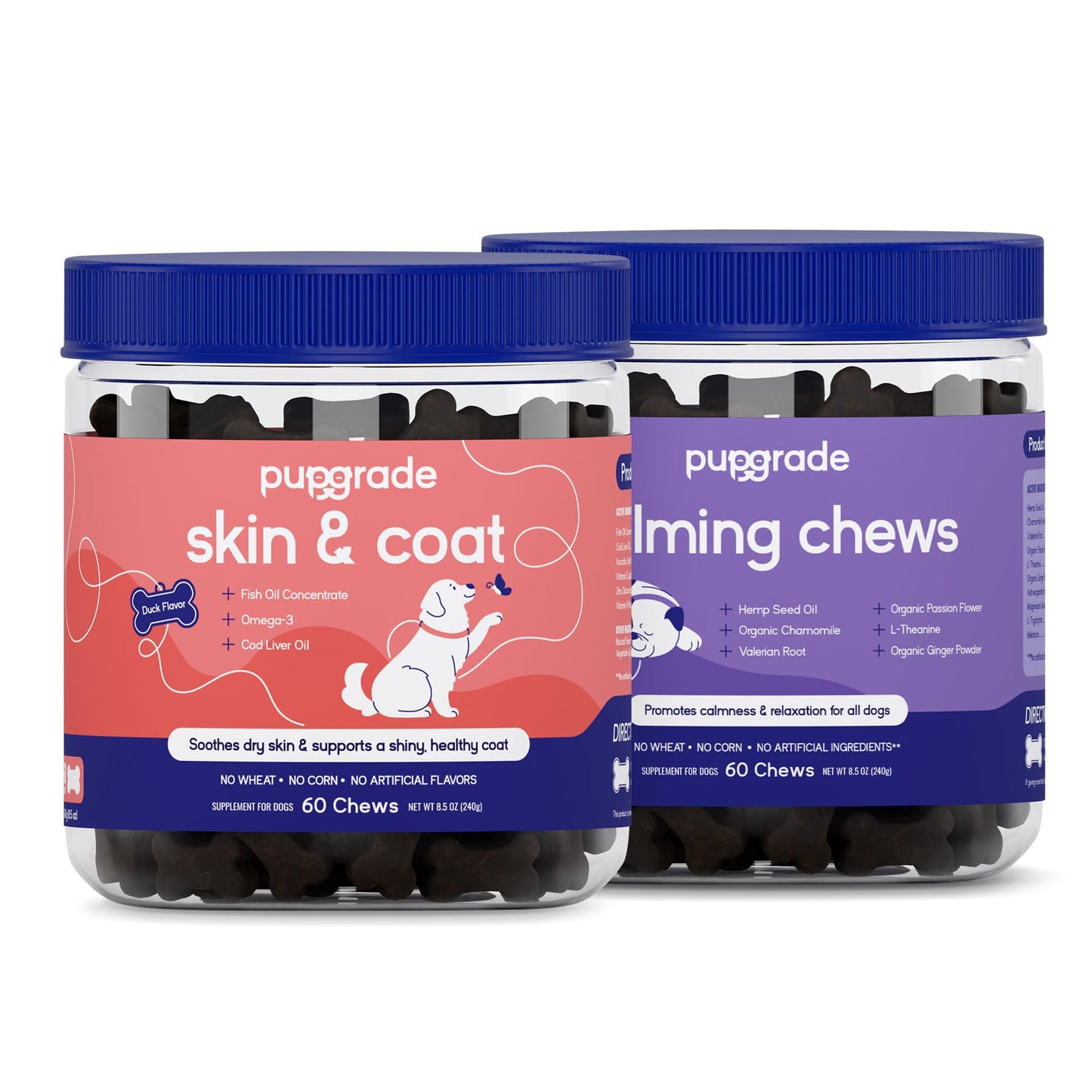 PupGrade 2-Pack Skin & Coat and Calming Chews for Dogs - Coat Care & Allergy Defense Supplement with Natural Fish Oils - Natural Muscle Relaxant - 120 Chews