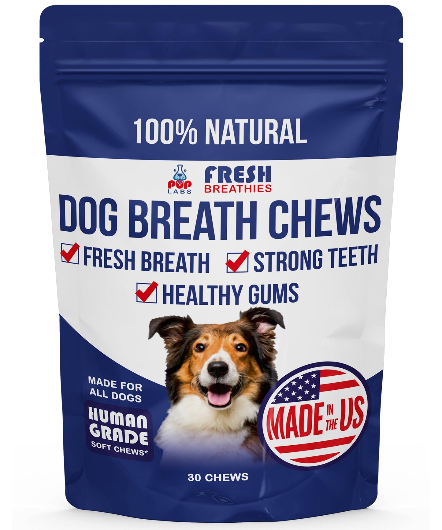 Pup Labs Fresh Breathies, All-Natural Dental Chews for Dogs, Dog Breath Treatment That Supports Gut Health and Immune System, Dog Teeth Cleaning Chews, Dental Treats for Dogs Made in The USA, 30 Count