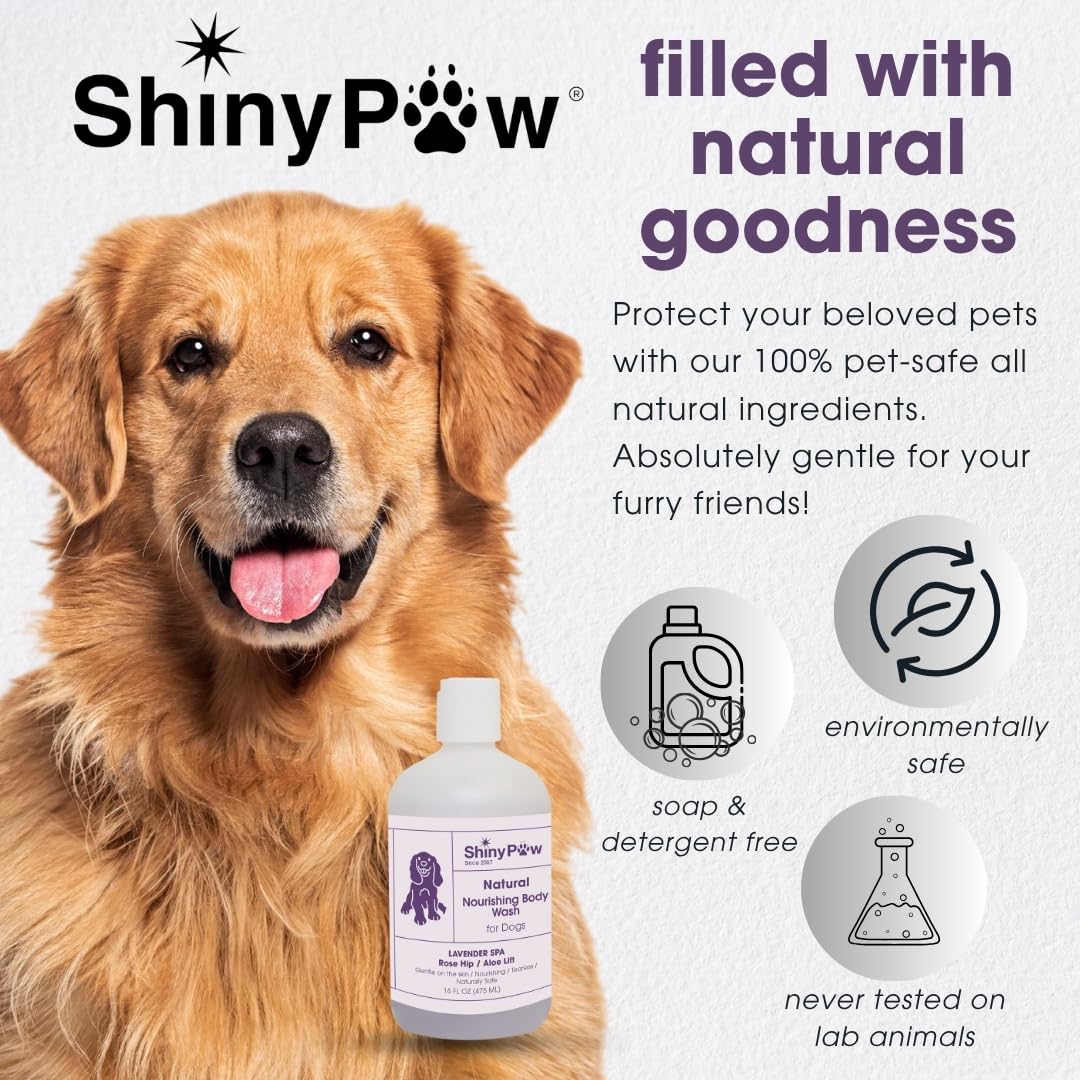 Lavender Shampoo Spa Essentials Nourishing Dog Body Wash by Shiny Paw (16 oz) | Anti Itch Shampoo for Dogs | Dog Bath Coat Cleansing for Dogs | Made in The USA