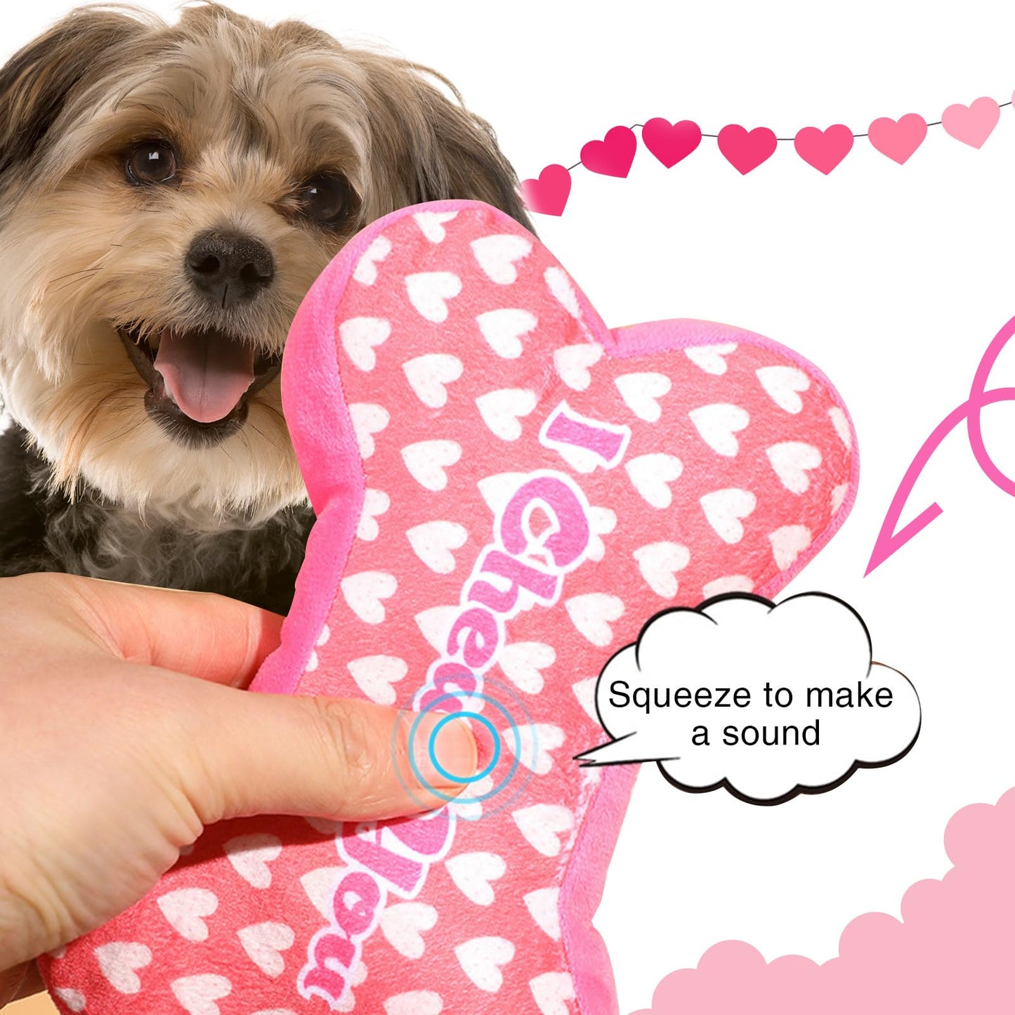 Mruq pet Pink Dog Toys, 4pcs Cute Fun Interactive Plush Squeaky Dog Toys, Red and Pink Bone and Heart Gifts Puppy Dog Teething Chew Toys for Small Medium Pet Dogs Teeth Cleaning